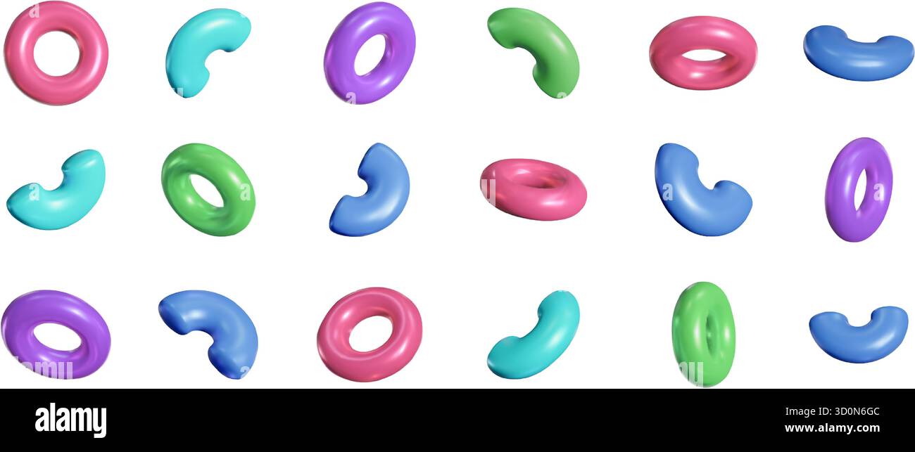 Toro 3d in plastica. Forme colorate di ciambelle e tubi ricurvi, anse arrotondate astratte e mezzo toro. Archi e anelli piegati rendering 3D realistico vettore isolato Illustrazione Vettoriale