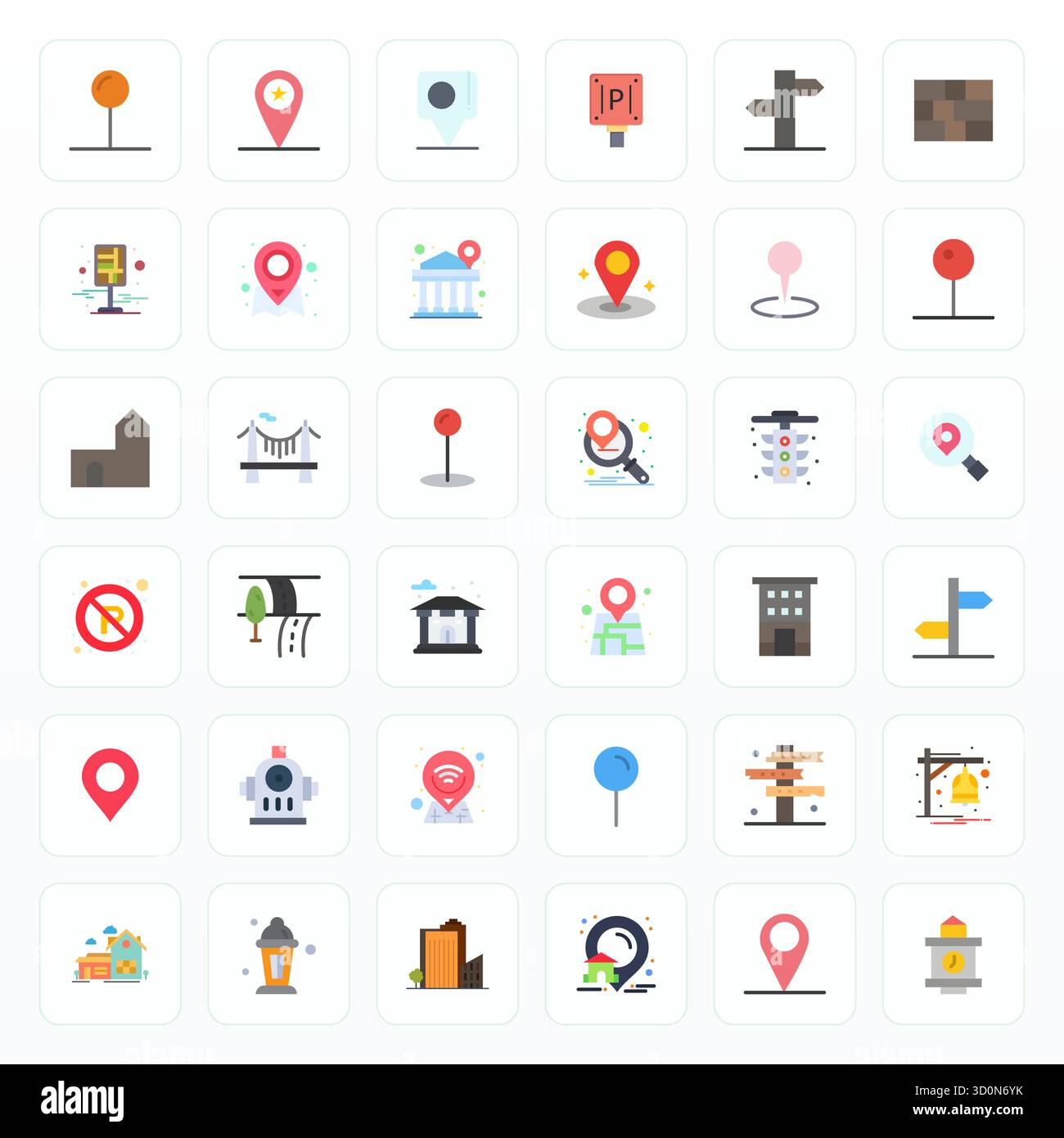 36 icone vettoriali ottimizzate con dettagli piatti per città, progettate con una risoluzione 128x128 per un'integrazione e prestazioni impeccabili. Illustrazione Vettoriale