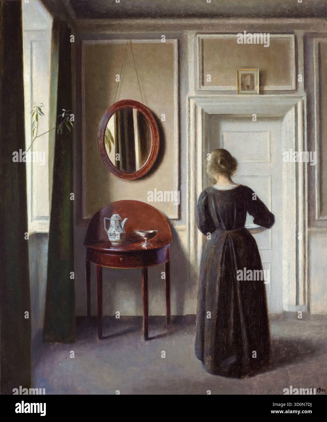 Vilhelm Hammershoi, stanza, (interno con uno specchio ovale), pittura ad olio su tela, 1900 Foto Stock