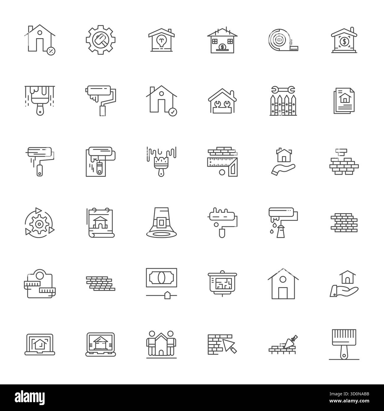 Collezione di 36 icone vettoriali ottimizzate Bold Line Pixel per la ristrutturazione, progettate in formato 256x256 per chiarezza e versatilità. Illustrazione Vettoriale
