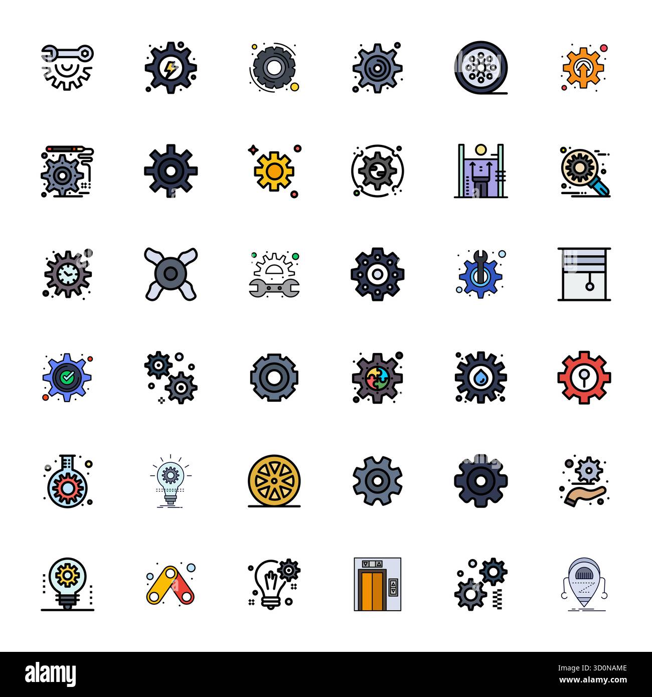Pacchetto completo con 36 icone vettoriali nel design a riempimento di linea per il meccanismo, con una qualità nitida allineata ai pixel 64 x 64. Illustrazione Vettoriale