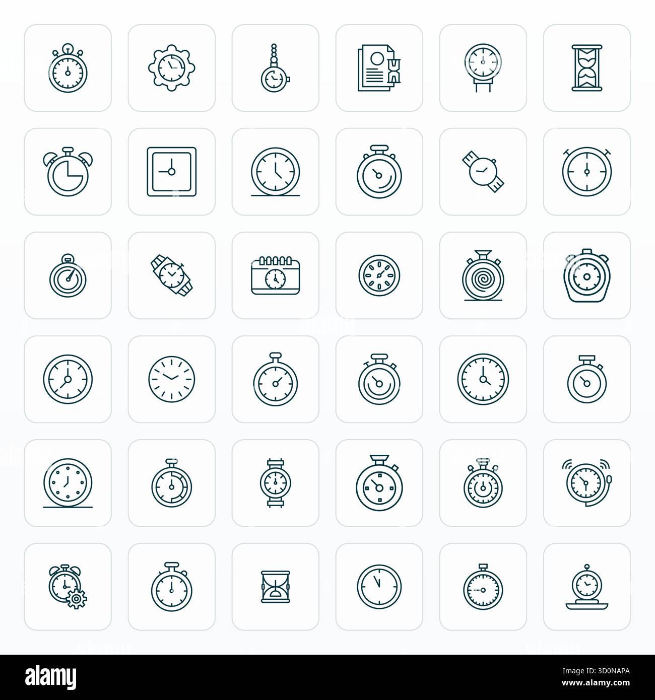 Kit di strumenti completo di 36 icone vettoriali incentrate sulla temporizzazione, sviluppato in grassetto con precisione modificabile 256x256 per applicazioni di progettazione versatili Illustrazione Vettoriale