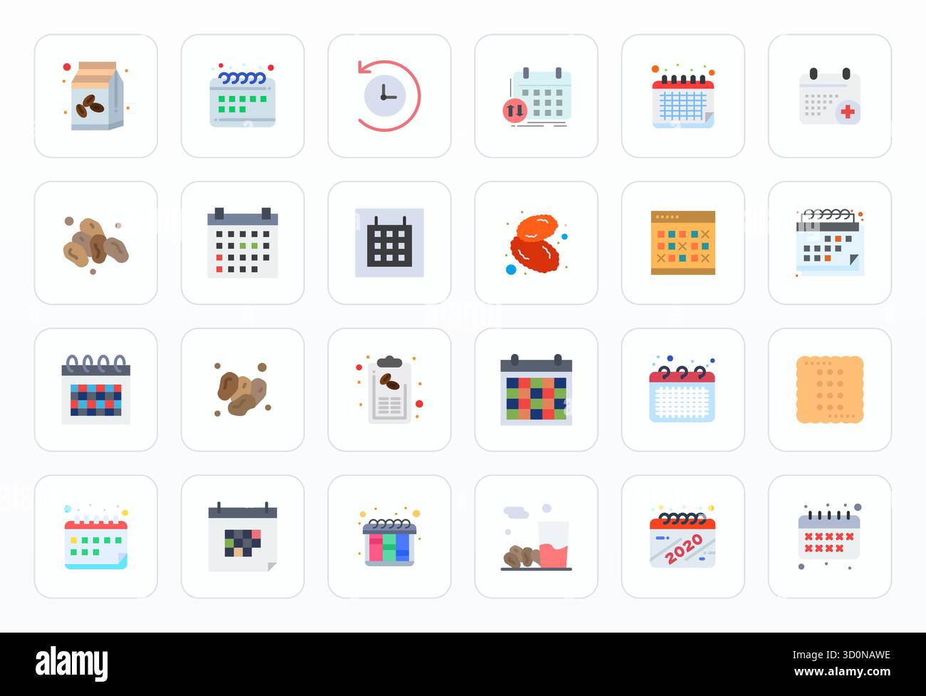 Un set dinamico di 24 icone vettoriali in Flat, personalizzato per le date con display 128x128 qualità perfetta per i prodotti digitali. Illustrazione Vettoriale