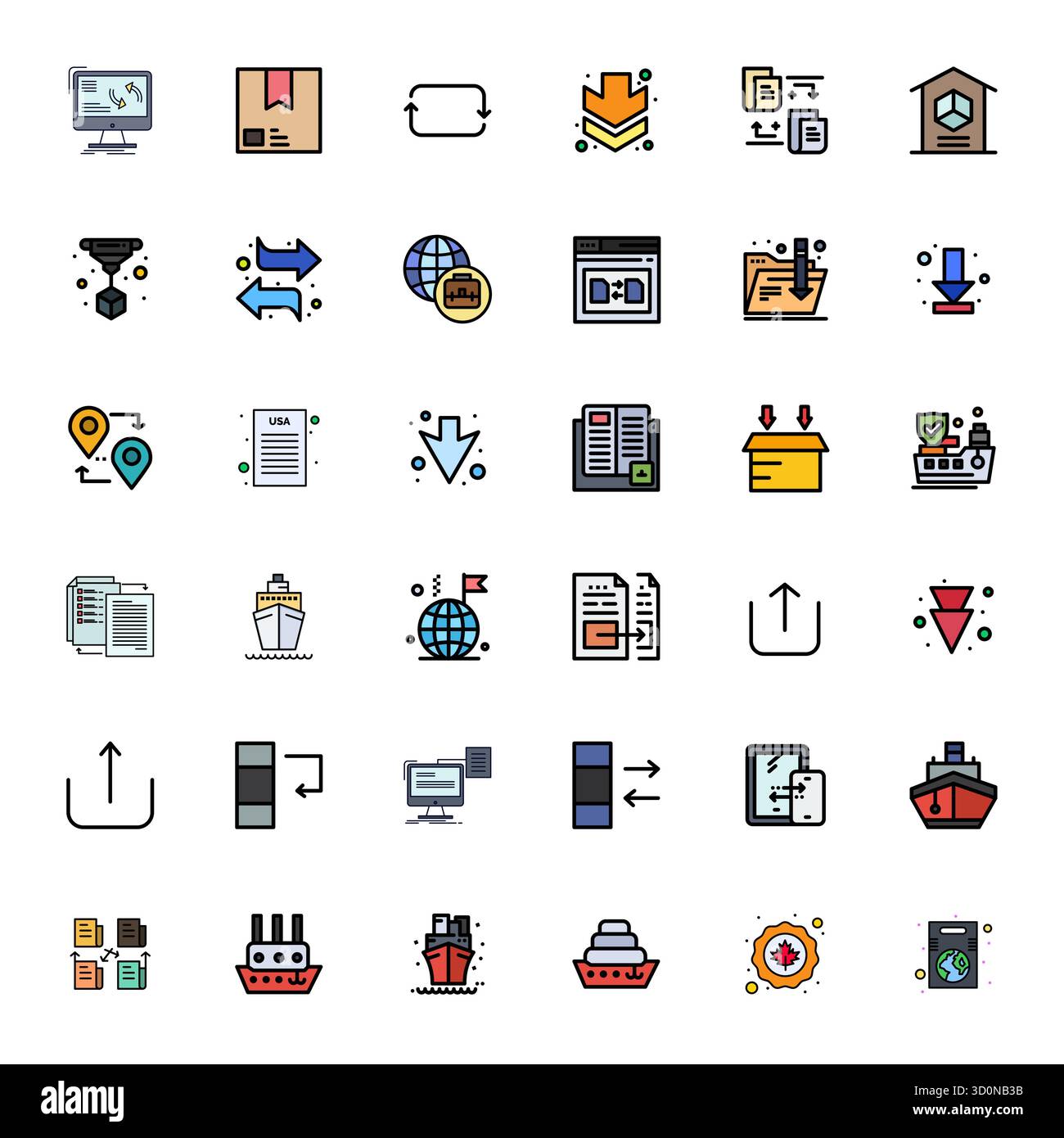 Set semplificato di 36 icone vettoriali per l'estetica Import in Line filled, con risoluzione perfetta di 256x256 PIXEL per un'esperienza utente senza interruzioni. Illustrazione Vettoriale