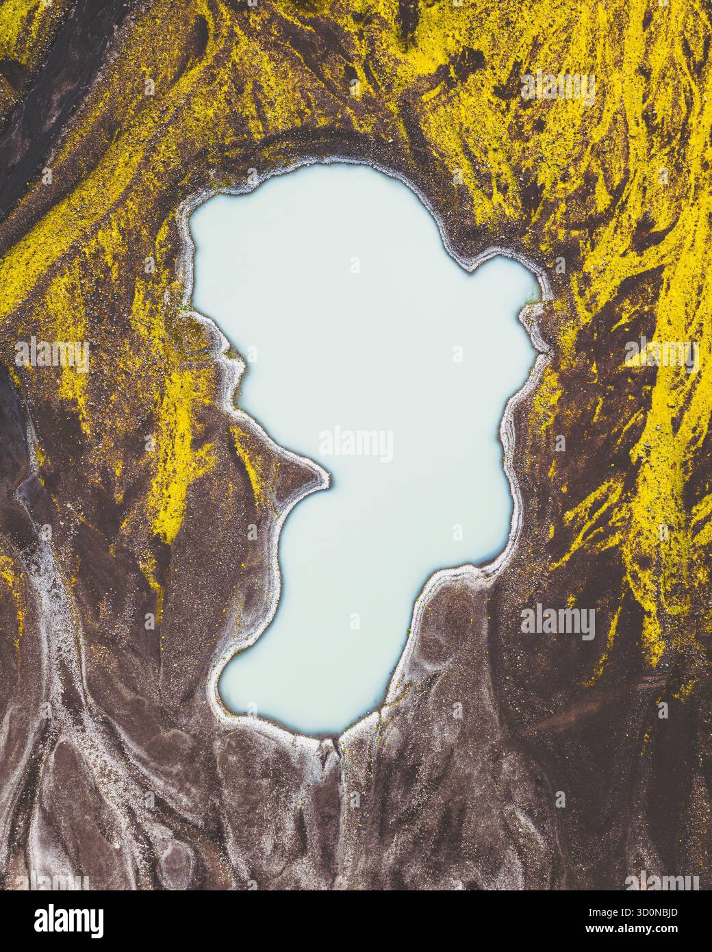 Vista aerea di una laguna glaciale annidata tra il muschio dorato e le sabbie scure del terreno accidentato dell'Islanda, Fjallsárlón, Sveitarfélagið Hornafjörður, Islanda. Foto Stock