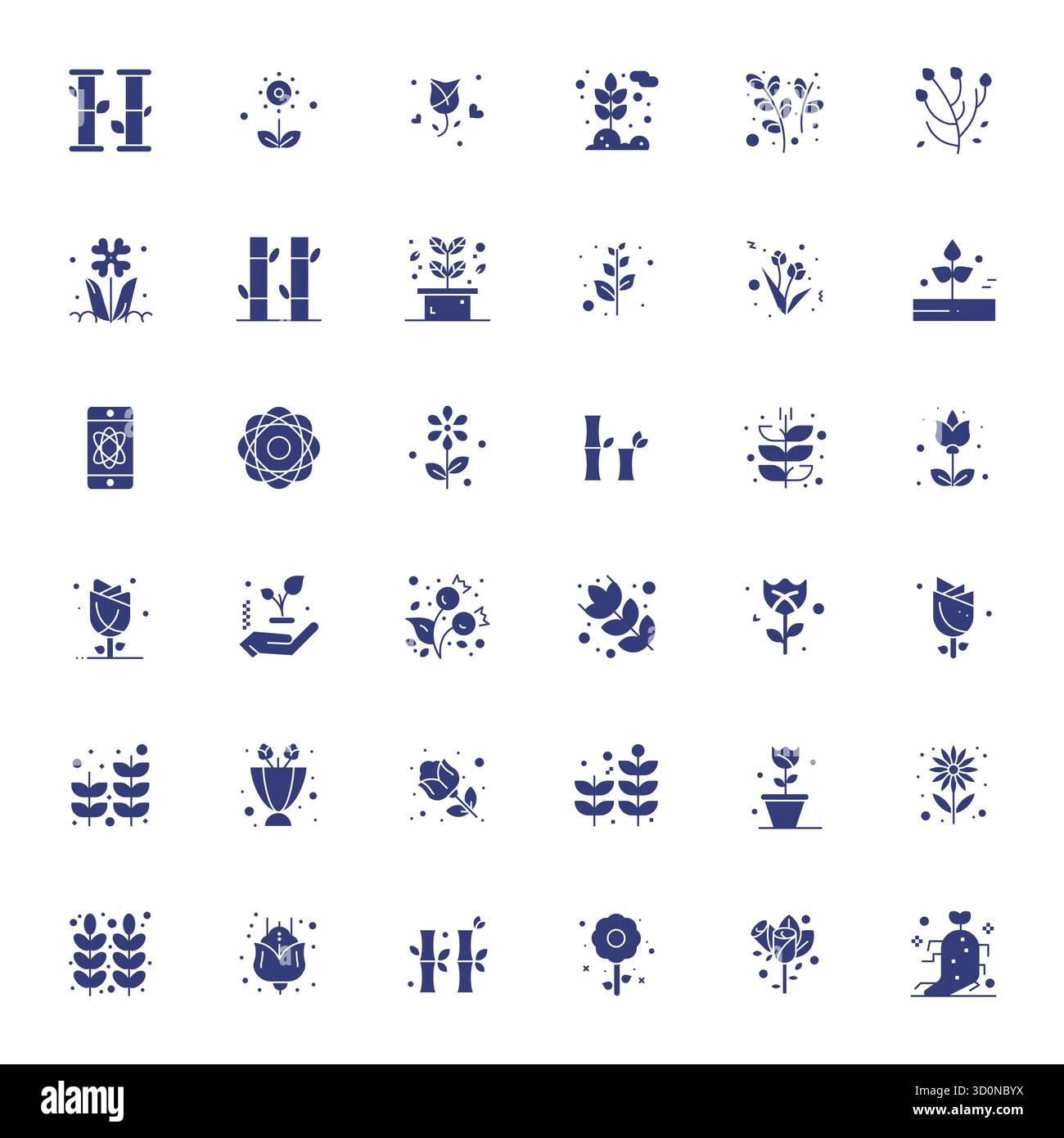 Sofisticato pacchetto di 36 icone vettoriali piene per stelo, progettato con chiarezza allineata a 128x128 pixel per applicazioni professionali. Illustrazione Vettoriale