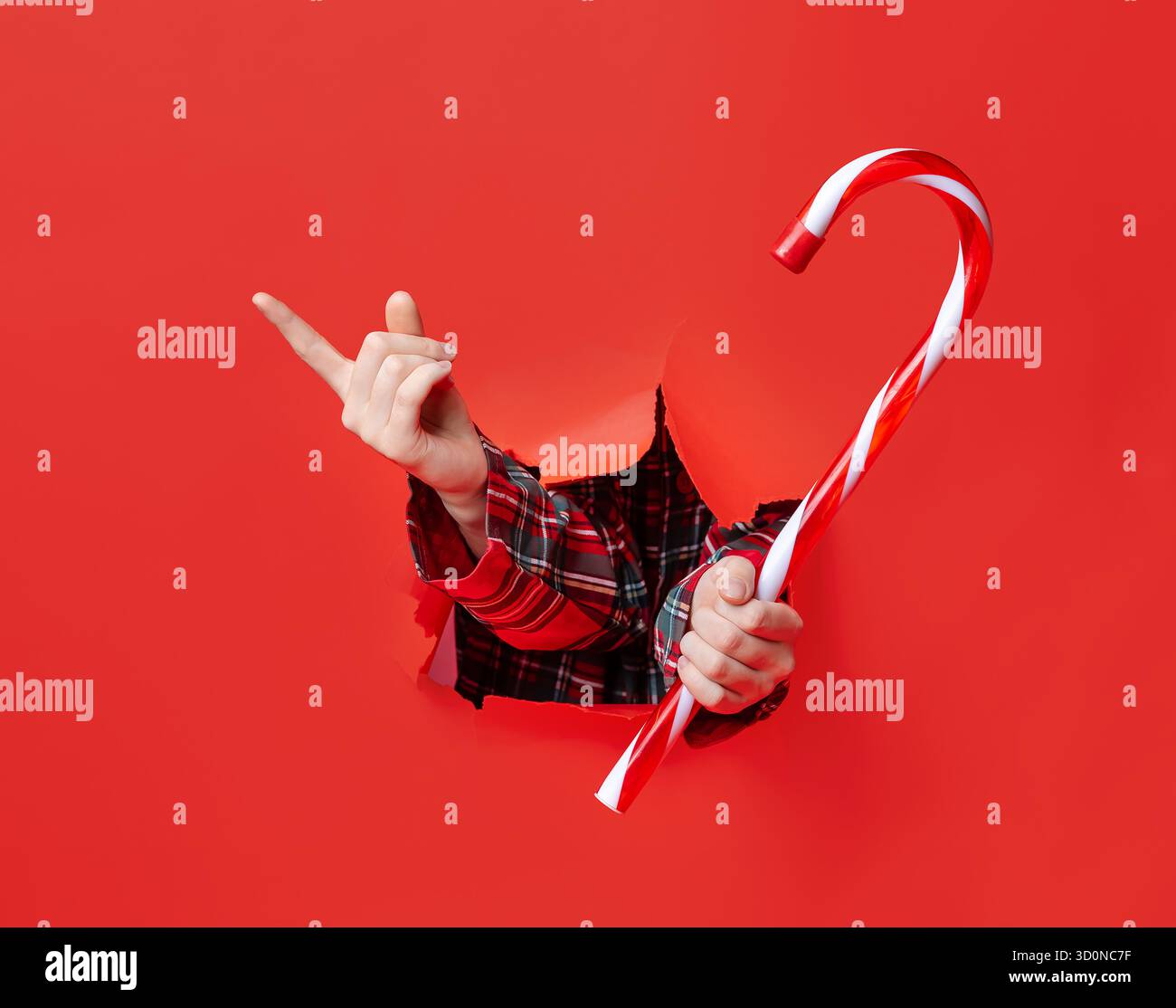 Buon Natale. Due mani nelle maniche a quadri tengono una grande canna da zucchero a righe rosse e bianche su sfondo di carta rossa strappata. Foto Stock
