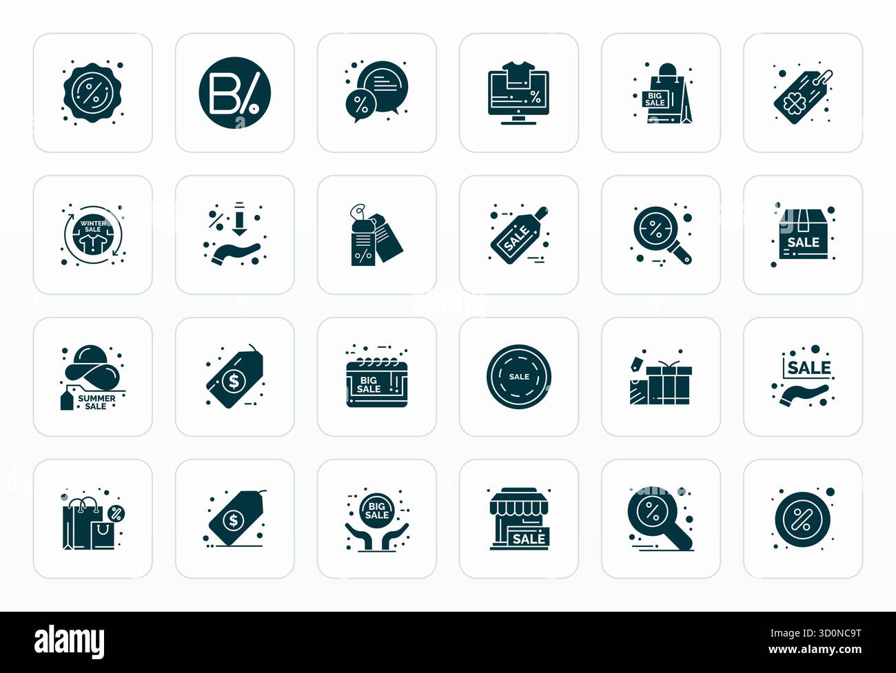 Questo pacchetto di icone vettoriali Clearance sale include 24 design glifi in formato display Perfect ad alta risoluzione, perfetto per migliorare le interfacce digitali. Illustrazione Vettoriale