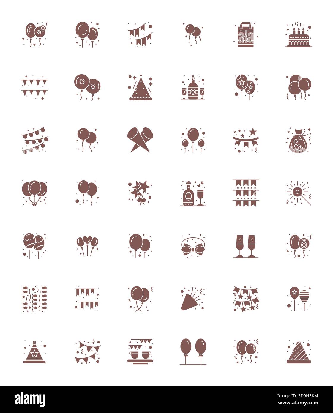 Collezione artigianale con 42 icone vettoriali piene per Party Supplies, ottimizzata in 64 x 64 PIXEL con risoluzione perfetta per un'esperienza digitale di livello superiore Illustrazione Vettoriale