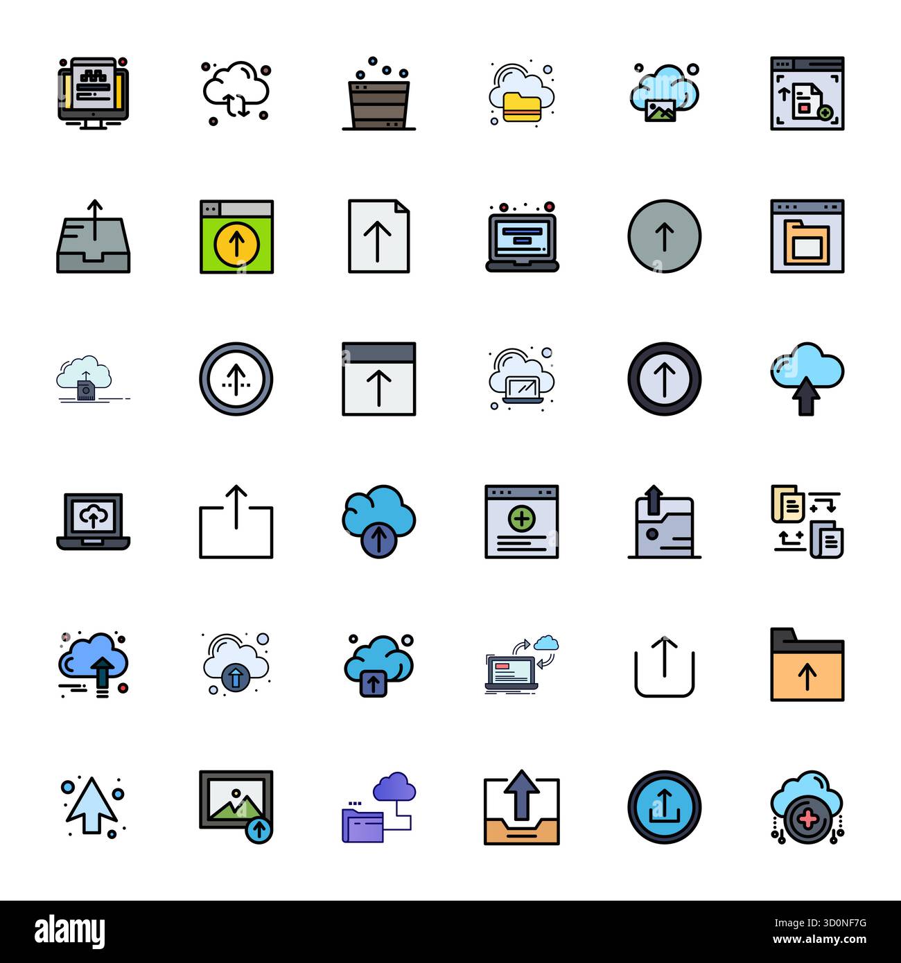 Collezione contemporanea di 36 icone vettoriali che rappresentano l'estetica del caricamento dei file in linea, con risoluzione ottimizzata 64 x 64 pixel per ap moderni Illustrazione Vettoriale