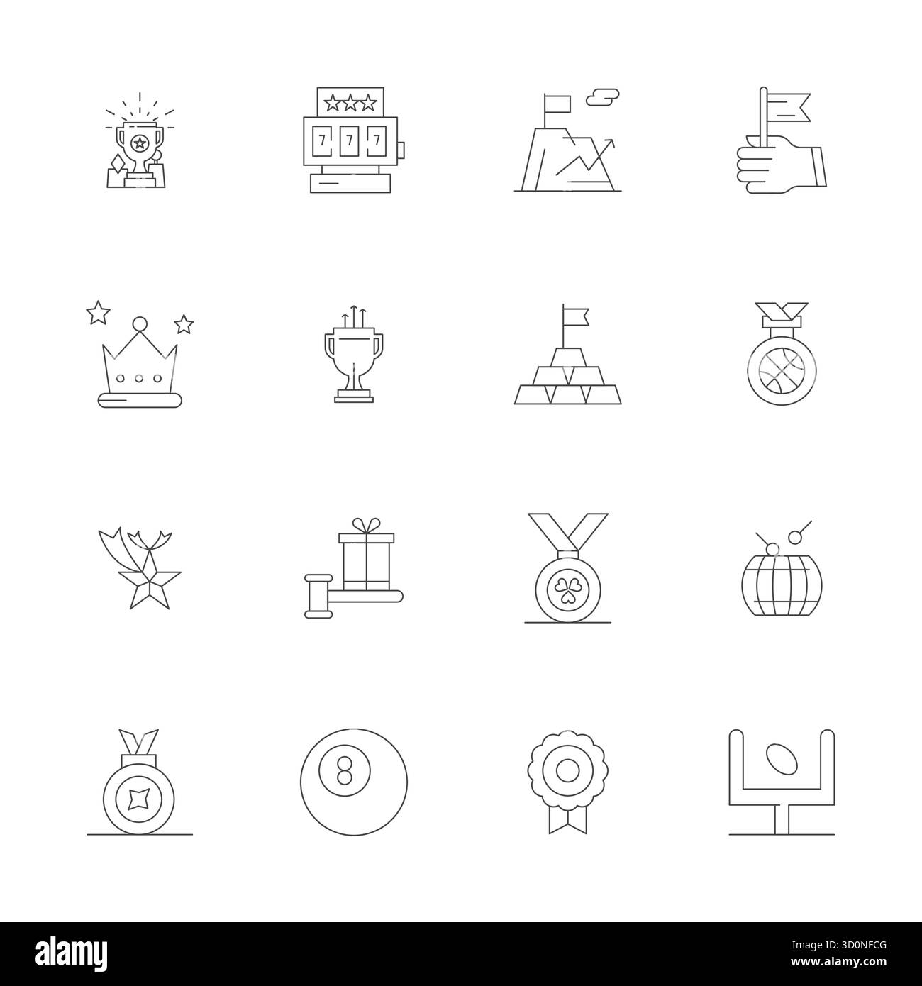 Collezione premium di 16 icone vettoriali Thin Line per vincere, meticolosamente realizzata in risoluzione 64 x 64 Grid per un impatto visivo superiore. Illustrazione Vettoriale