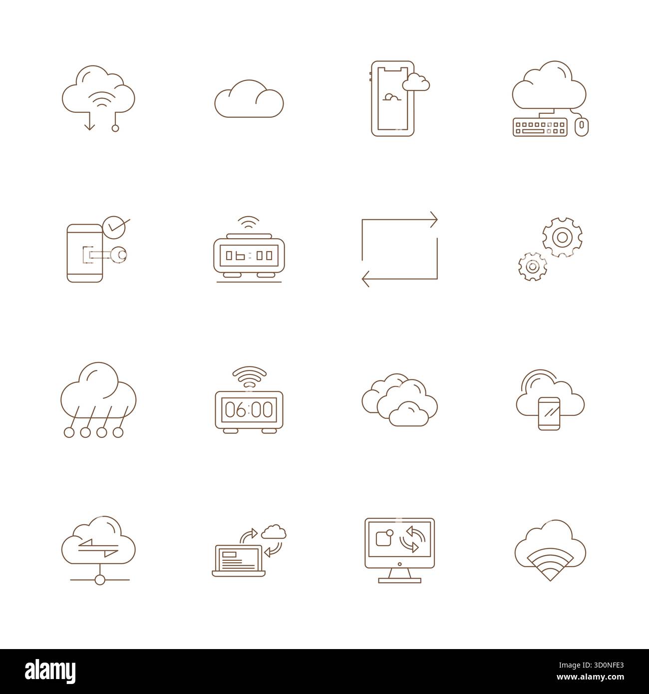 Un set dinamico di 16 icone vettoriali in linea sottile, personalizzato per la sincronizzazione con qualità 256x256 con griglia montata, adatto per i prodotti digitali. Illustrazione Vettoriale