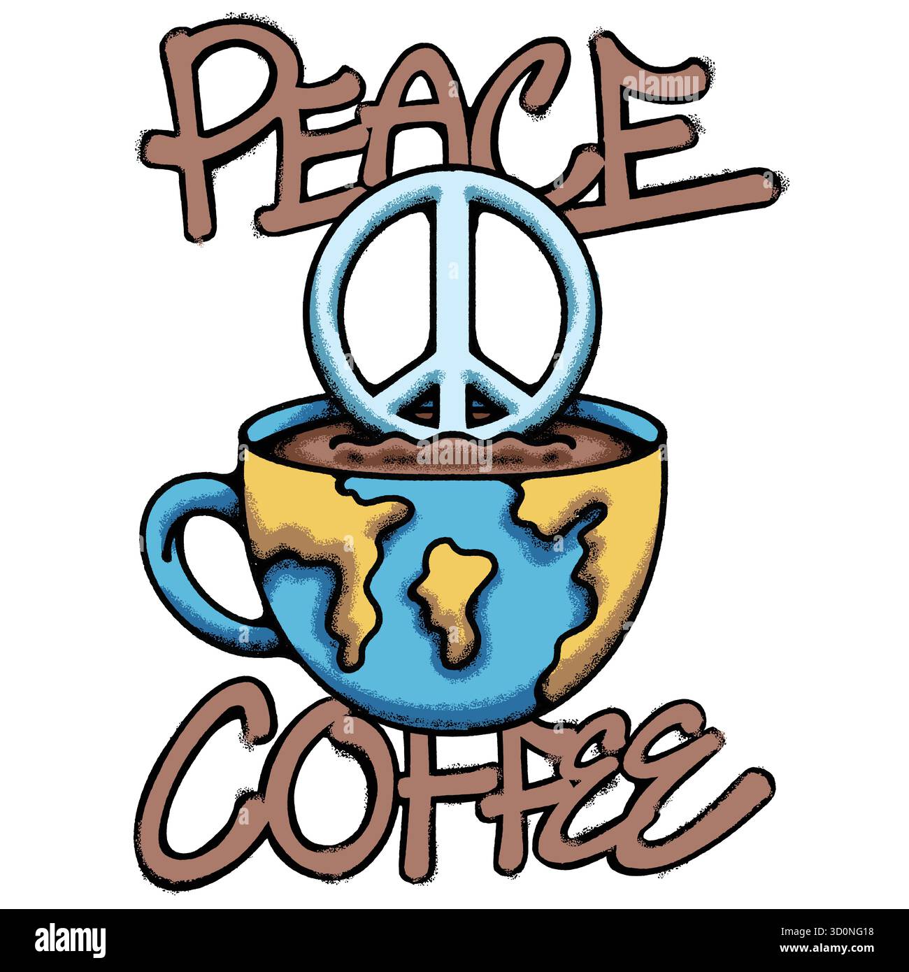 Peace Coffee con illustrazione tshirt disegnata a mano sulla mappa del mondo Illustrazione Vettoriale