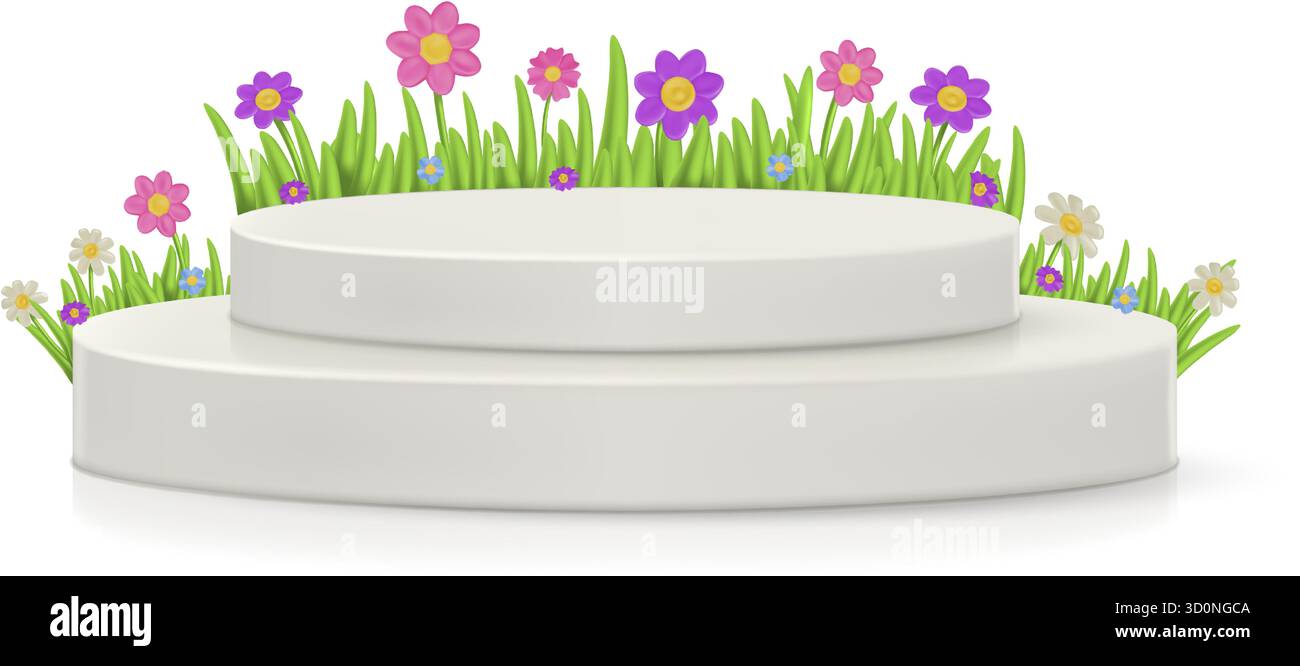 Podio floreale 3D. Fiori da giardino primaverili, foglie verdi e palcoscenico prodotto. Simpatico mockup cartoni animati in realistico stile argilla con rendering morbido. Margherita di plastica e. Illustrazione Vettoriale