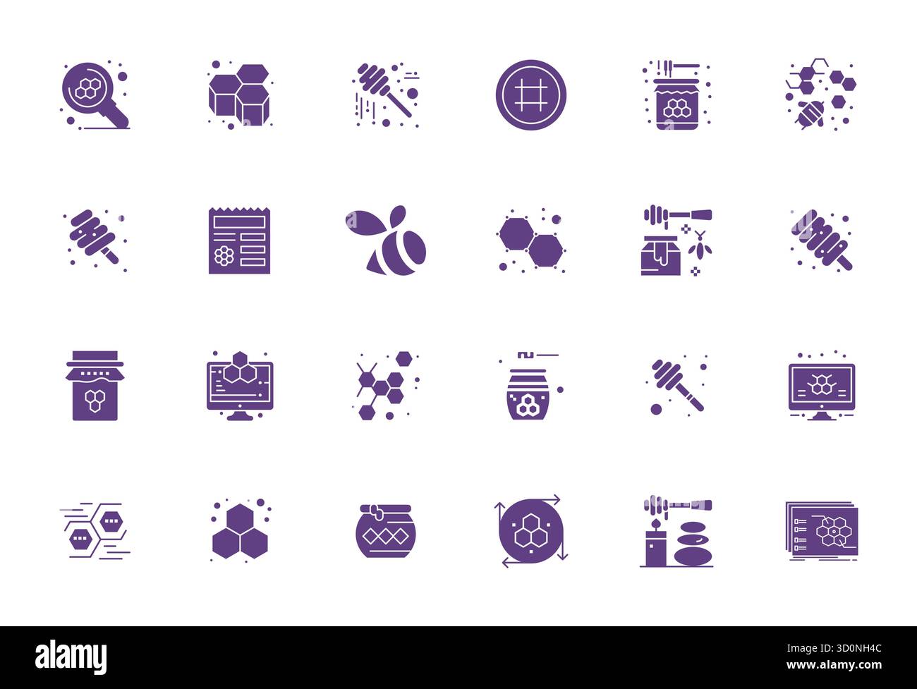 Migliora i tuoi progetti con 24 icone vettoriali piene a tema Honeycomb, con risoluzione 128x128 con griglia, ideale per un'esperienza di lavoro pulita e professionale Illustrazione Vettoriale