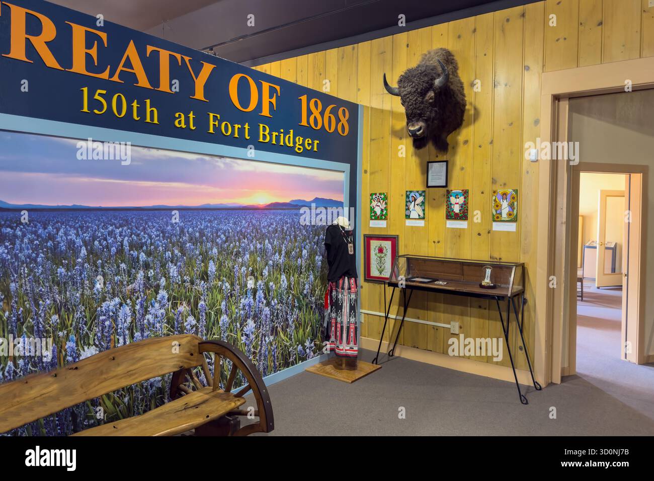 Interno del museo presso il sito storico statale di Fort Bridger, Wyoming. Foto Stock