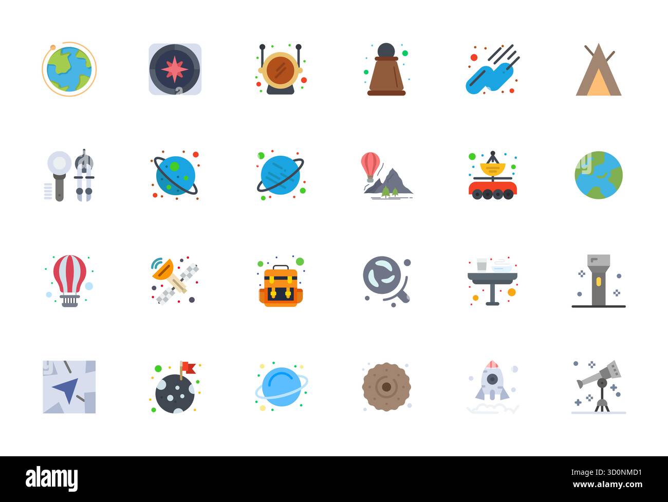 24 icone vettoriali piatte per l'esplorazione realizzate meticolosamente, fornite in qualità 64 x 64 modificabile per standard di progettazione senza compromessi. Illustrazione Vettoriale