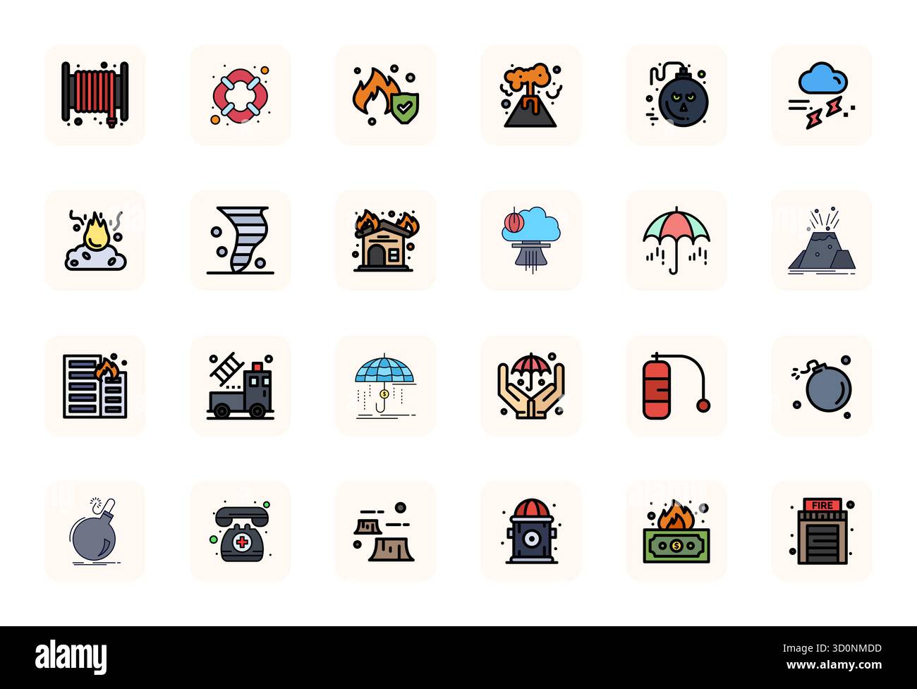 Pacchetto strategico con 24 icone vettoriali che rappresentano un disastro in formato LineFilled, ottimizzato con Retina Ready Pixel, qualità ottimizzata per l'uso professionale Illustrazione Vettoriale