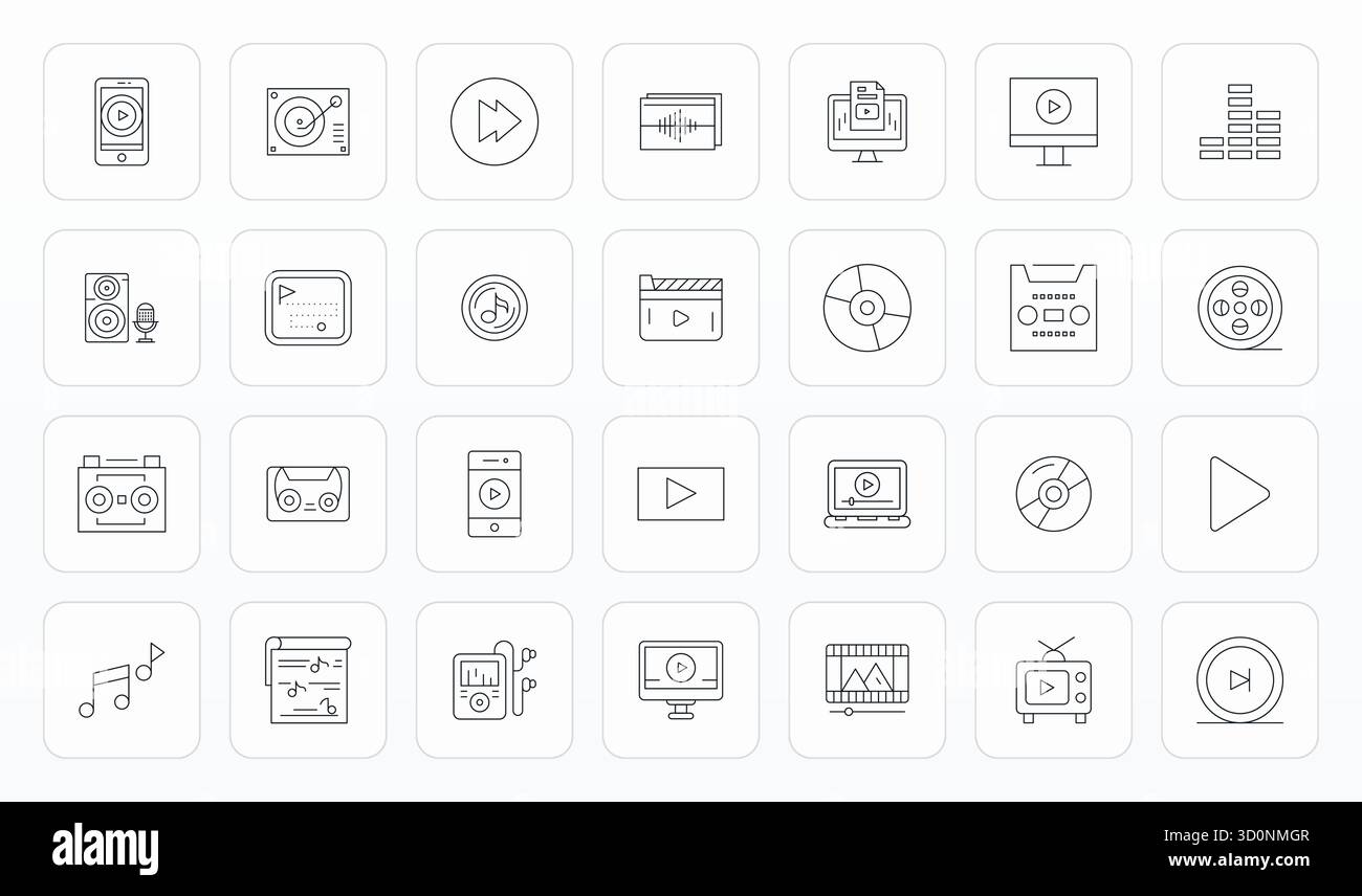 Questa collezione presenta 28 icone vettoriali modificabili Thin Line adattate al tema di riproduzione, ottimizzate in formato 256x256 per il design digitale. Illustrazione Vettoriale