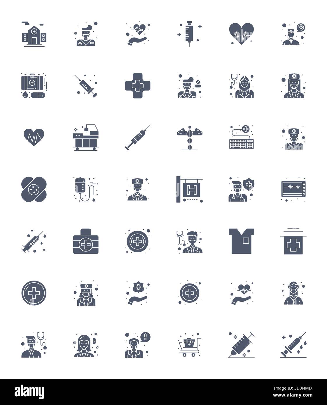 Kit di strumenti completo di 42 icone vettoriali incentrate sul personale infermieristico, sviluppato con dettagli 64 x 64 precisione migliorata per un'applicazione di progettazione versatile Illustrazione Vettoriale