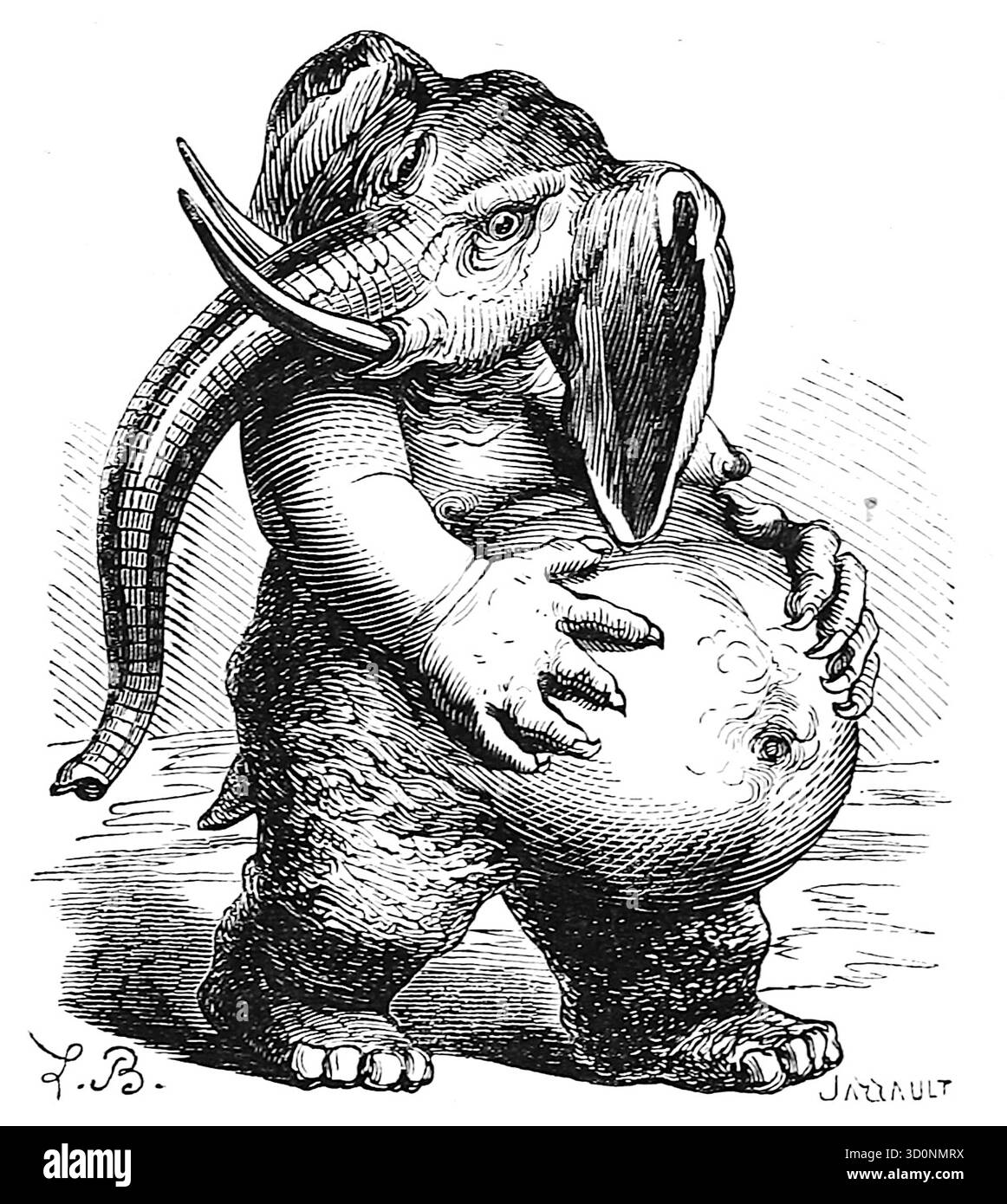Louis le Breton - Behemoth - 1863 - la creatura ha la testa di un elefante con grandi zanne e tronco e un corpo umanoide con panciotto e mani e piedi simili a quelli umani. In questa versione, Behemoth è descritto come un demone che serve come guardiano infernale di Satana e presiede i banchetti all'Inferno. Si dice anche che abbia una buona voce cantante. Foto Stock