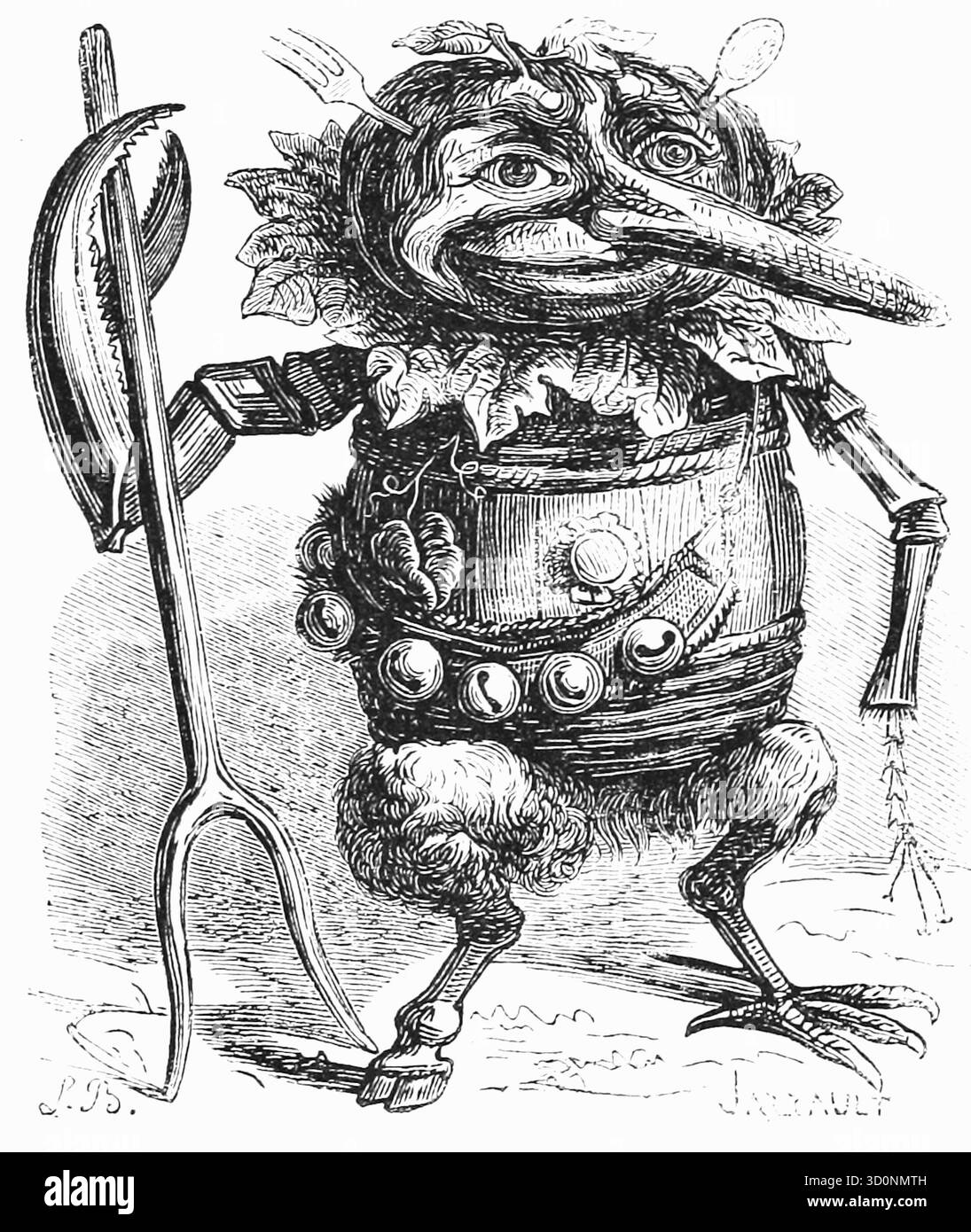 Louis le Breton - Ribesal -1863 - questa illustrazione raffigura un demone gourmand di nome Ribesal, con un corpo come una canna e una testa fatta di una buccia. Il demone è mostrato con una grande forchetta ed è noto come una figura della mitologia bretone. È anche associato al Dictionnaire Infernal, un libro del XIX secolo sulla demonologia, ed è stato illustrato da Louis le Breton. Foto Stock