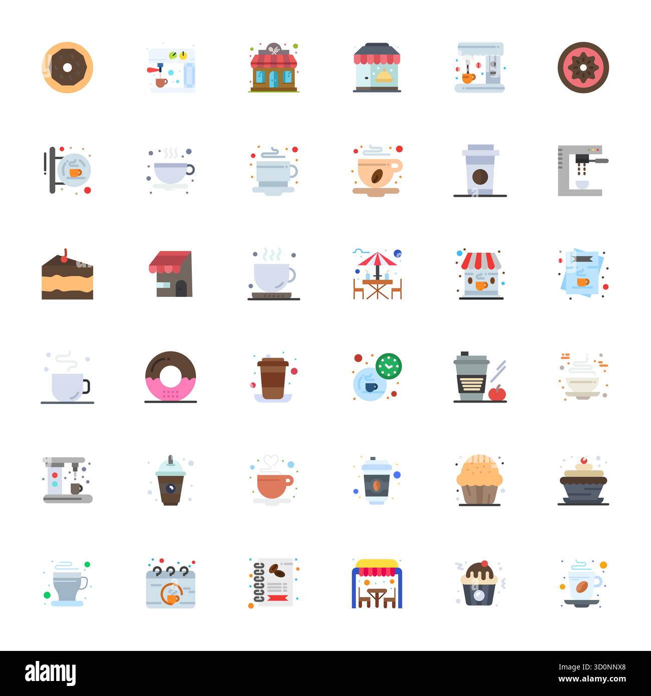Collezione premium di 36 icone vettoriali piatte per Coffee Shop, meticolosamente realizzate con risoluzione ottimizzata Retina Ready Pixel per un impatto visivo superiore Illustrazione Vettoriale
