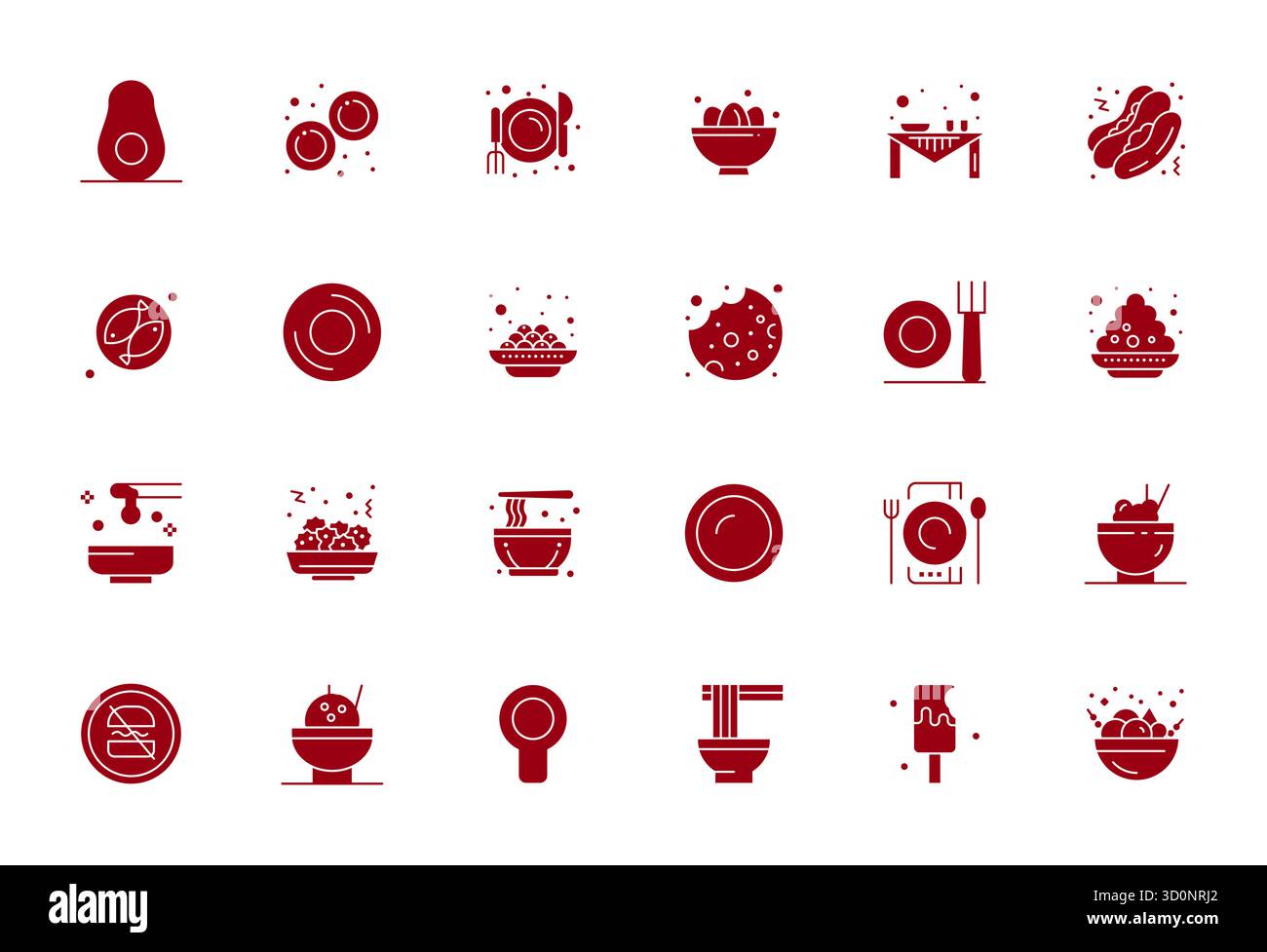 Collezione di 24 icone vettoriali Filled Grid Fitting per mangiare, progettate in formato Retina Ready per chiarezza e versatilità. Illustrazione Vettoriale