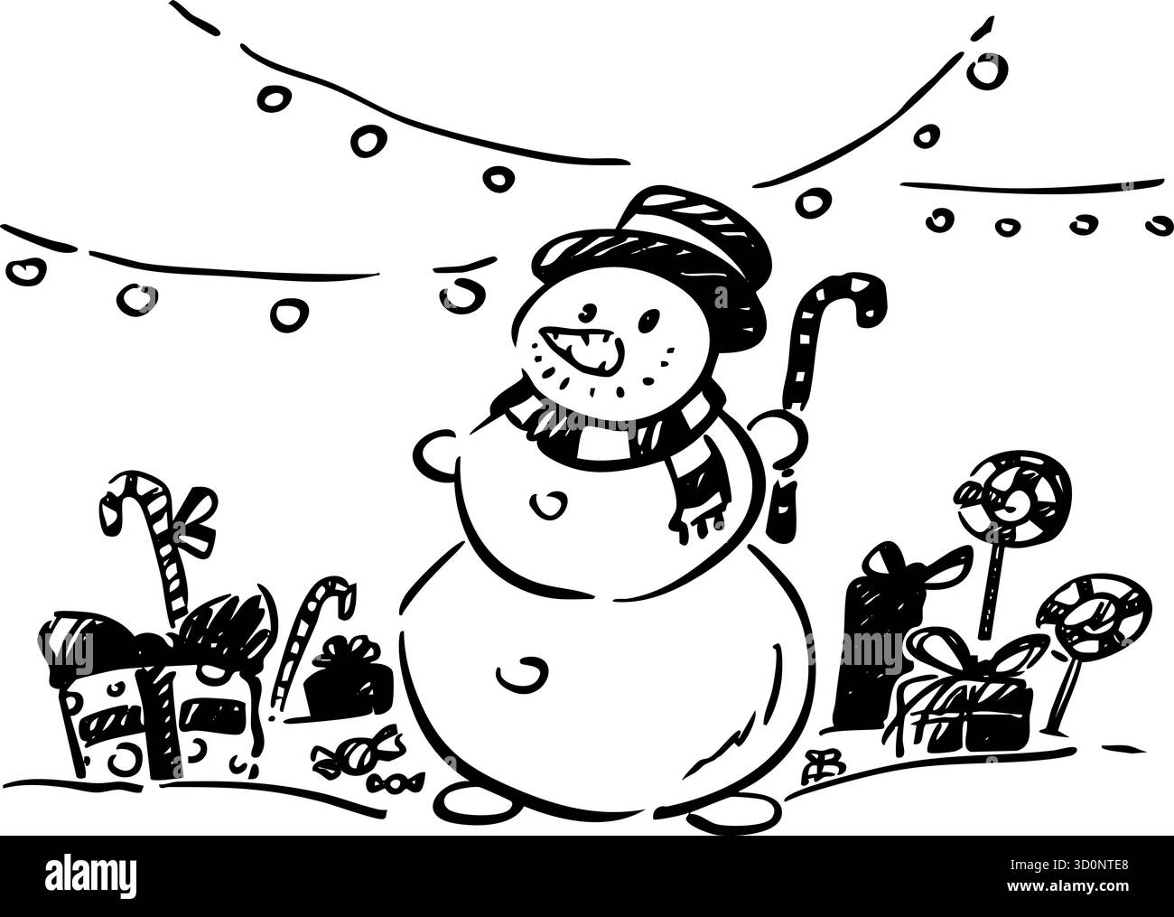 Un pupazzo di neve felice circondato da regali allegri e festosi e delizie per tutti Foto Stock