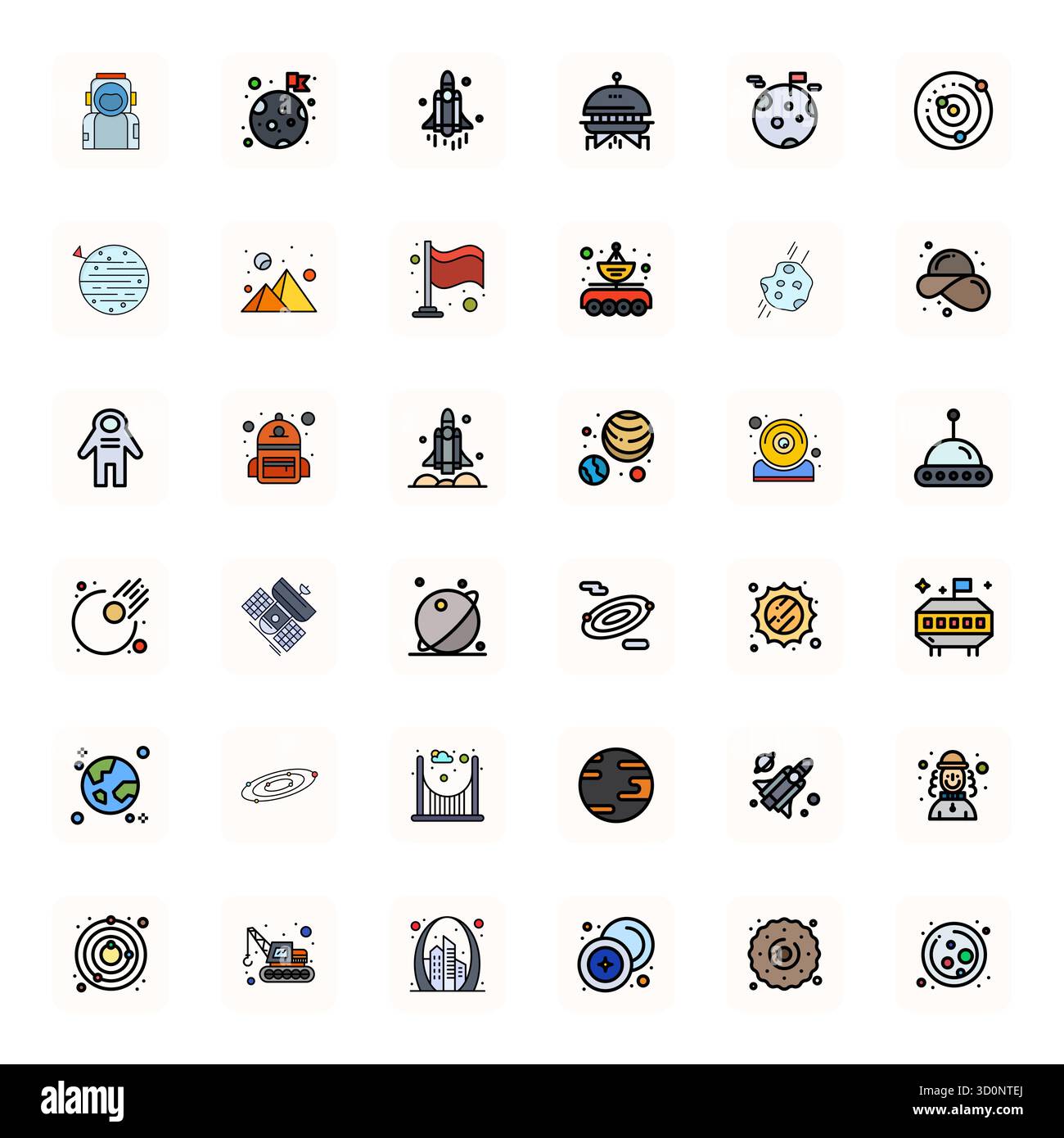 36 icone vettoriali LineFilled progettate con precisione per lo spazio esterno, progettate con Retina Ready Detail risoluzione migliorata per una nitidezza e una scala eccezionali Illustrazione Vettoriale