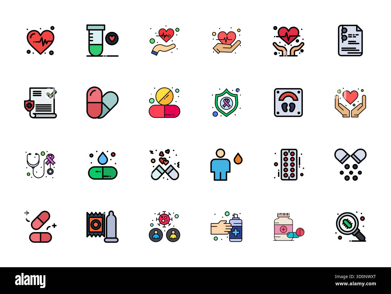 Una raccolta pulita di 24 icone vettoriali piene di linea che rappresentano l'assistenza sanitaria, progettata in formato 64 x 64 Grid Fitting per dashboard e interf moderni Illustrazione Vettoriale