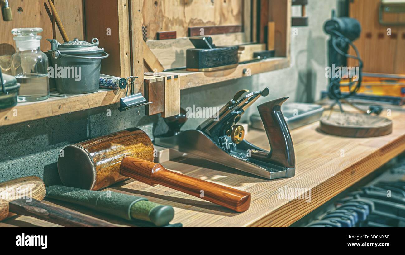 Suggestivo laboratorio di lavorazione del legno che presenta una collezione di utensili d'epoca, tra cui un mazzuolo in legno, una pialla a mano in ghisa di alta qualità Foto Stock