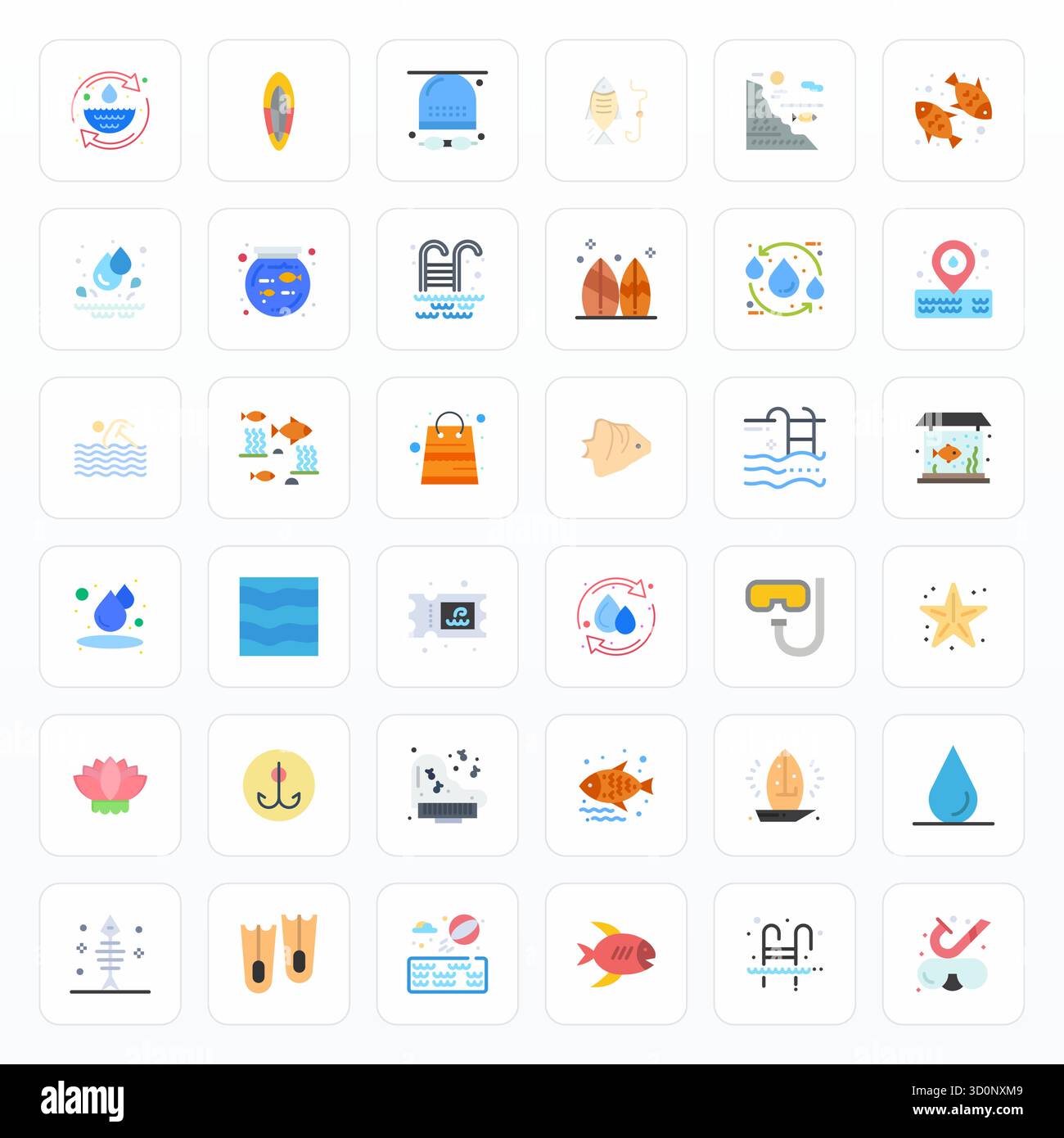 Confezione innovativa di 36 icone vettoriali incentrate su Aquatic, con design piatto in formato da 128 x 128 PIXEL perfetto per le moderne soluzioni digitali. Illustrazione Vettoriale