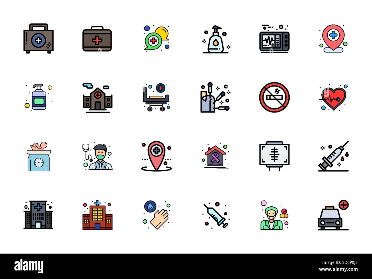 Scarica 24 icone vettoriali piene di linee piatte scalabili progettate per l'ospedale, con risoluzione dettagliata 128x128 ottimizzata, adatte per professionisti e c Illustrazione Vettoriale