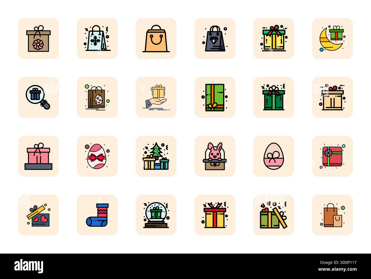 Set semplificato di 24 icone vettoriali per Gift Wrapping in LineFilled, con dettagli 64 x 64 risoluzione migliorata per un'esperienza utente senza interruzioni Illustrazione Vettoriale