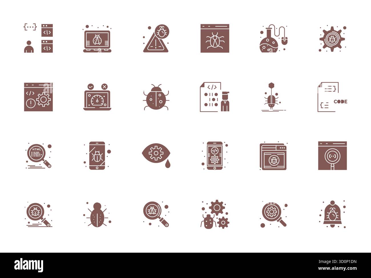 Un set dinamico di 24 icone vettoriali riempite, personalizzate per il debug con Retina Ready display qualità perfetta per i prodotti digitali. Illustrazione Vettoriale
