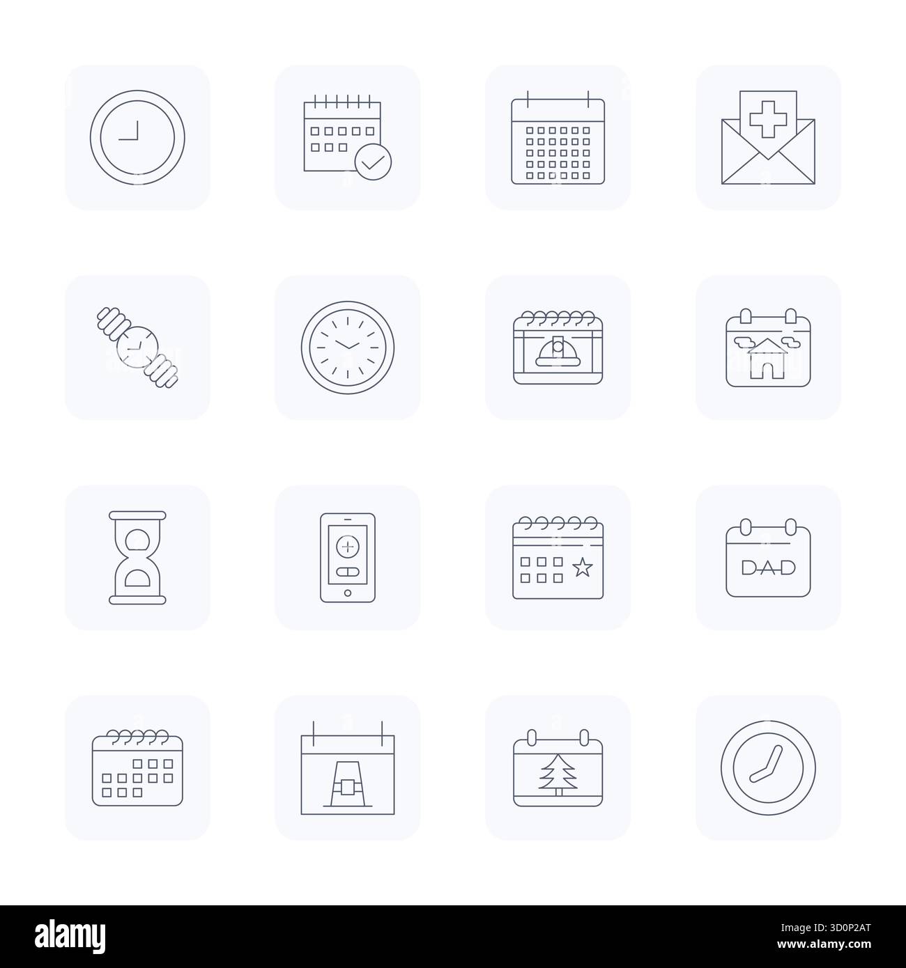 16 icone vettoriali progettate con cura e ispirate agli appuntamenti, realizzate con un profilo sottile con precisione editabile 64 x 64 per esigenze di design contemporaneo. Illustrazione Vettoriale
