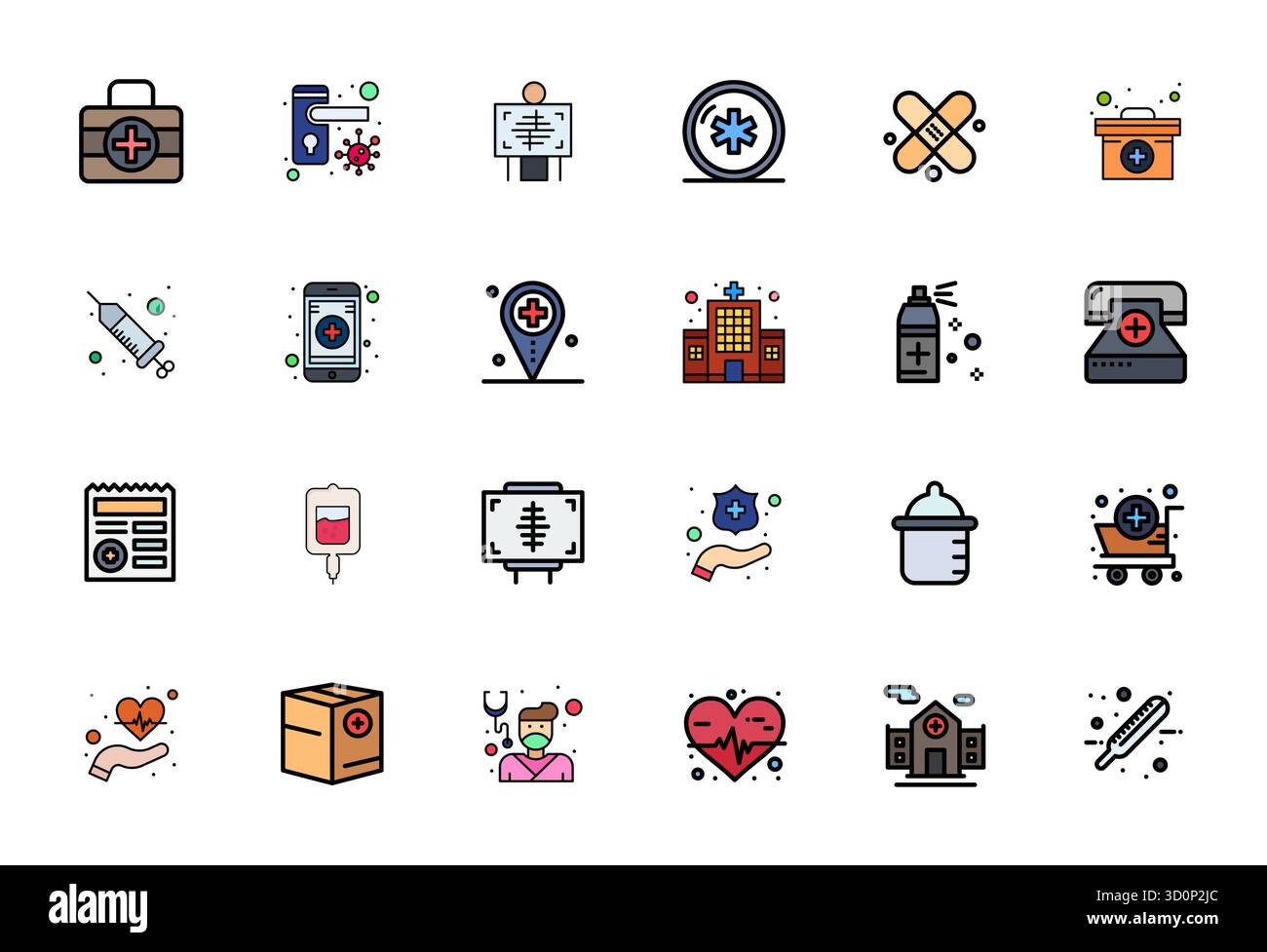 Pacchetto strategico con 24 icone vettoriali che rappresentano l'ospedale in formato Line filled, ottimizzato con dettagli 128x128 qualità migliorata per i professionisti Illustrazione Vettoriale