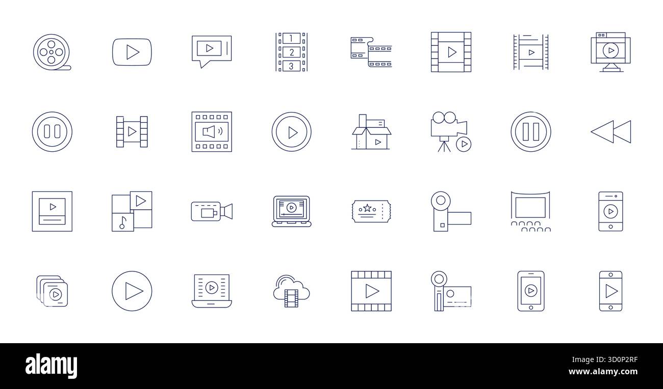Confezione curata di 32 icone vettoriali 64 x 64 nel design Thin Line, incentrate sui concetti dei filmati con nitidezza a griglia. Illustrazione Vettoriale