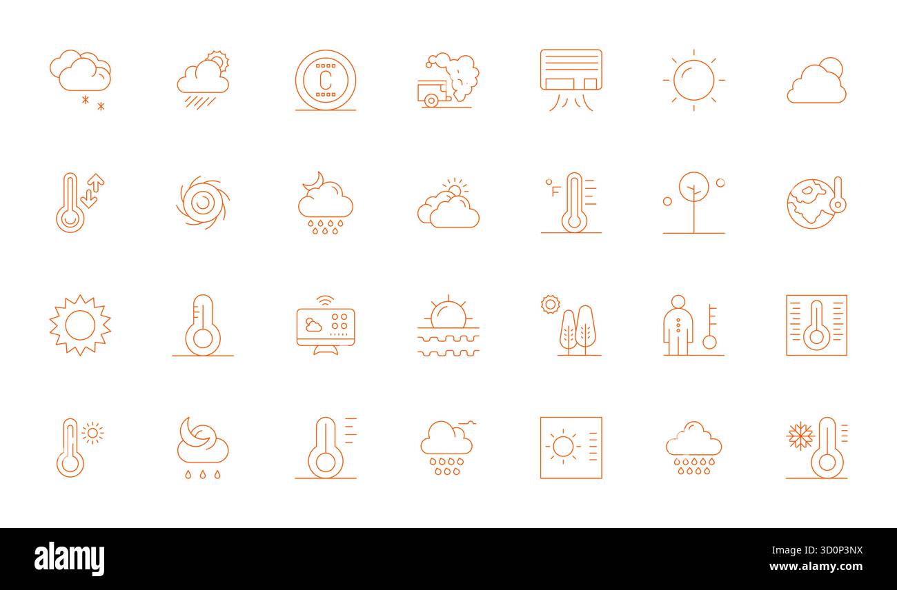 Un set versatile di 28 icone vettoriali Thin Line PIXEL Perfect incentrate sul clima, in un formato 64 x 64 nitido, ideale per applicazioni mobili e Web. Illustrazione Vettoriale