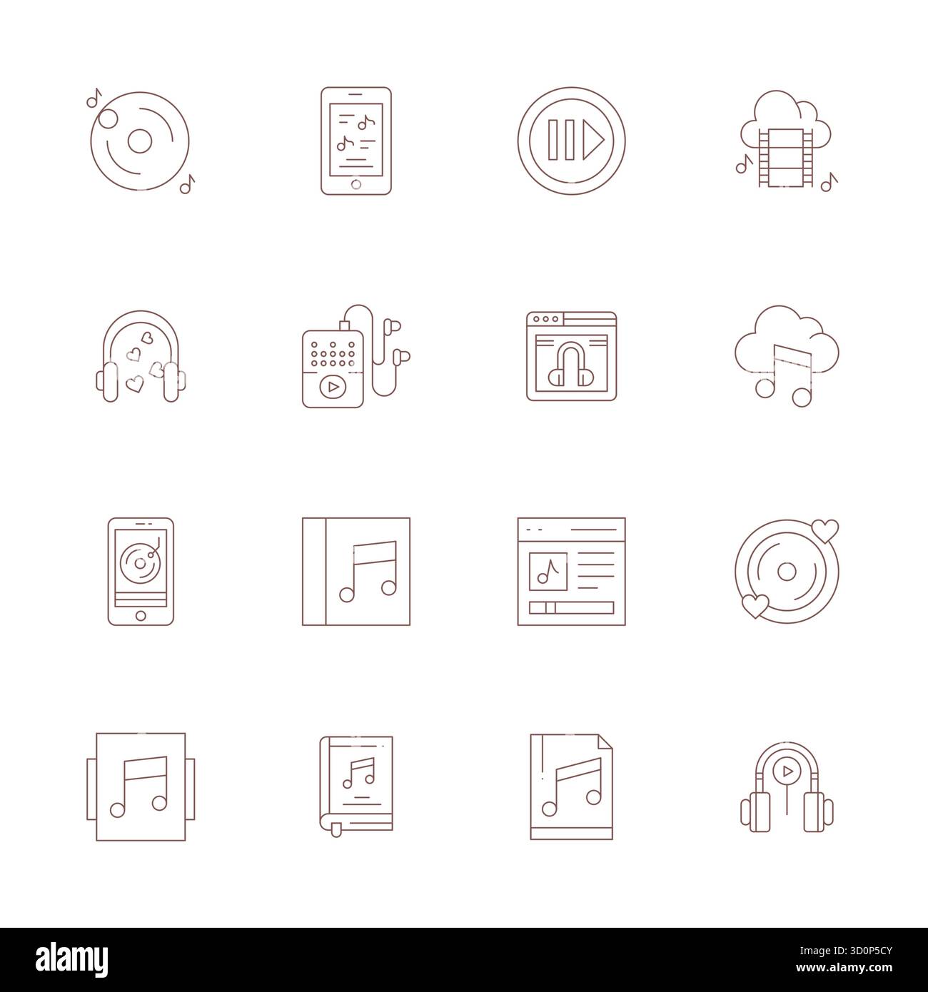 Sblocca 16 dettagli sottili icone vettoriali migliorate ispirate alla musica digitale, ottimizzate in formato Retina Ready per una visualizzazione impeccabile su tutti i dispositivi. Illustrazione Vettoriale