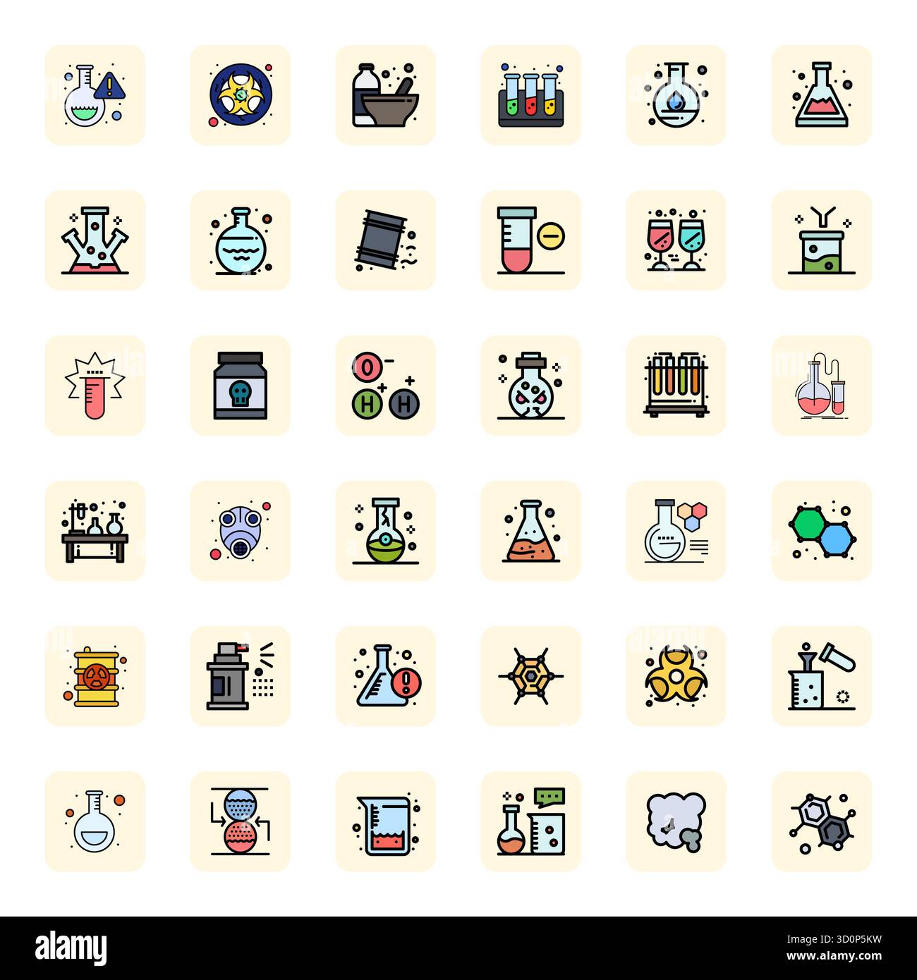 Kit di strumenti completo di 36 icone vettoriali incentrate sulle sostanze chimiche, sviluppato in LineFilled con precisione con montaggio a griglia 64 x 64 per applicazioni di design versatili Illustrazione Vettoriale