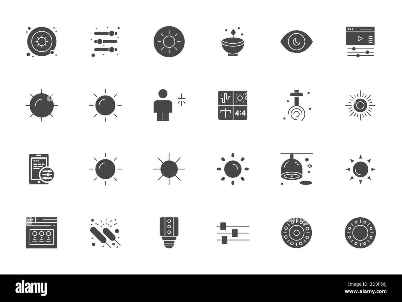 Pacchetto essenziale di 24 icone vettoriali dettagliate ottimizzate per la luminosità in formato pieno, dimensioni 128x128 per prestazioni e scalabilità ottimali. Illustrazione Vettoriale