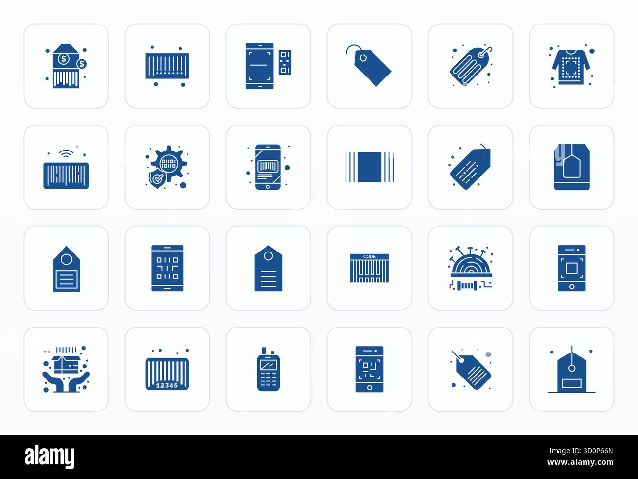 Questo pacchetto di icone vettoriali di codici a barre include 24 design glifi in formato con griglia 128x128, perfetto per migliorare le interfacce digitali. Illustrazione Vettoriale