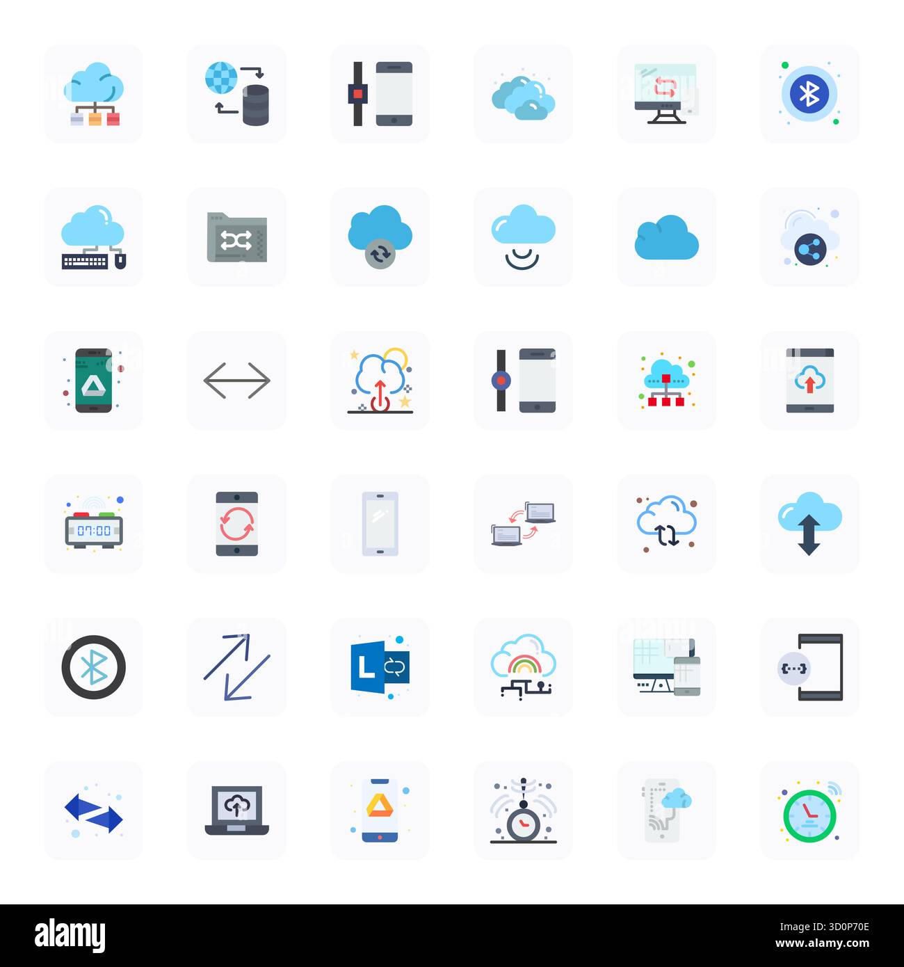 Un set versatile di 36 icone vettoriali Flat Editable focalizzate sulla sincronizzazione, fornite in formato Retina Ready, ideale per applicazioni mobili e Web. Illustrazione Vettoriale