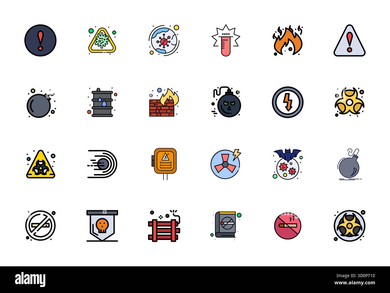Confezione leader del settore di 24 icone vettoriali piene allineate a pixel piene per il segnale di pericolo, dimensionate ad alta risoluzione per un rendering e un'interazione ottimali tra gli utenti Illustrazione Vettoriale