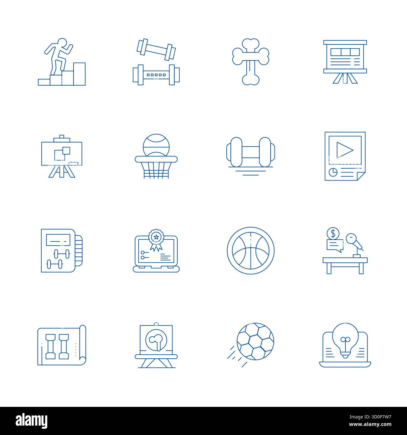 Collezione contemporanea di 16 icone vettoriali che rappresentano la formazione nell'estetica della linea sottile, con risoluzione ottimizzata 128x128 pixel per applicazioni moderne Illustrazione Vettoriale