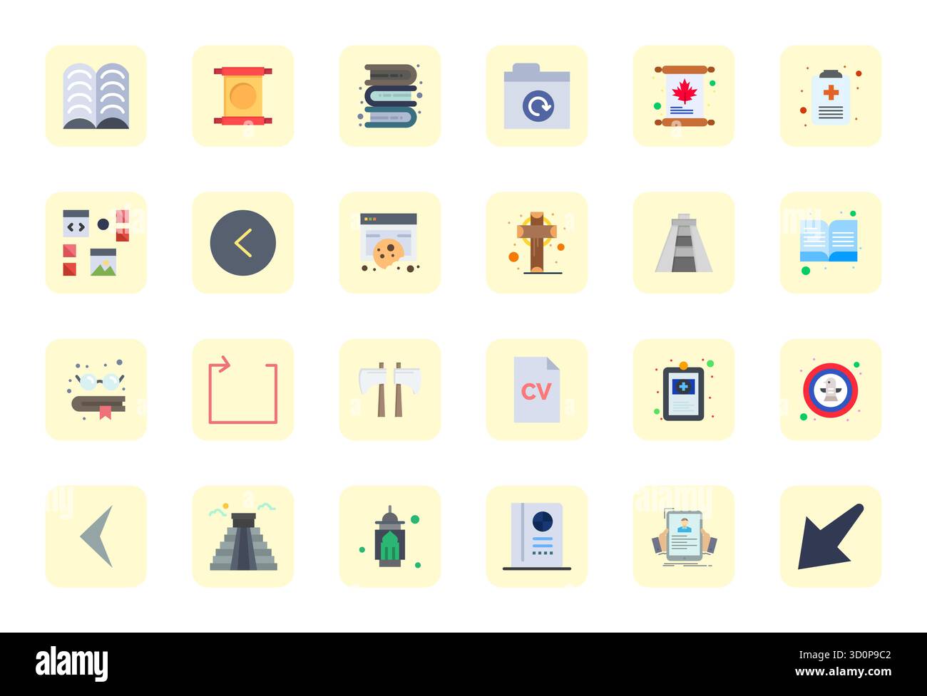 Collezione esclusiva di 24 icone vettoriali piatte per la storia, sviluppata con risoluzione PIXEL Perfect Retina Ready per esperienze di marca di livello premium. Illustrazione Vettoriale