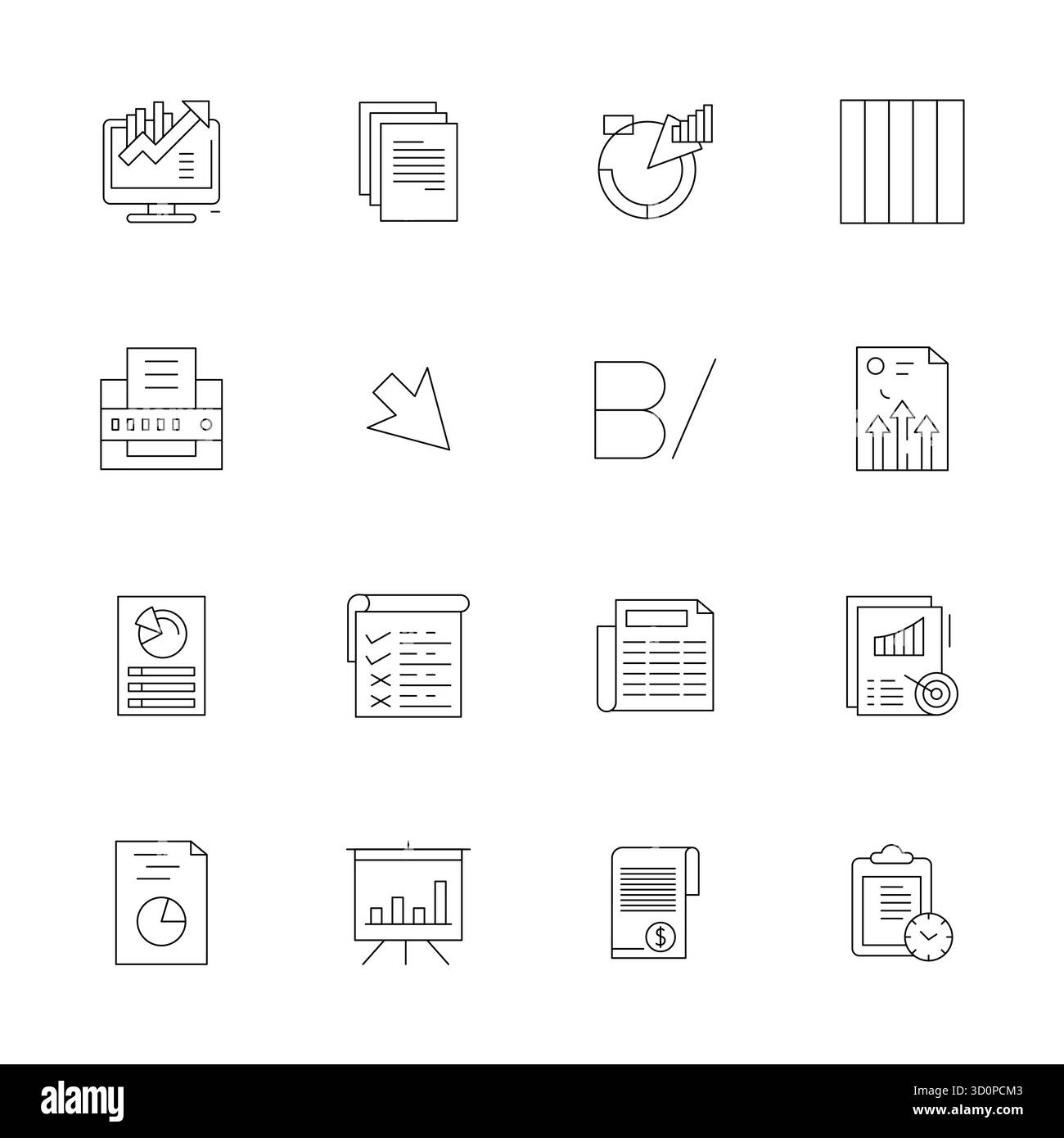 Confezione curata di 16 icone vettoriali 128 x 128 nel design Thin Line, incentrate sui concetti dei report con una nitidezza perfetta DEI PIXEL. Illustrazione Vettoriale