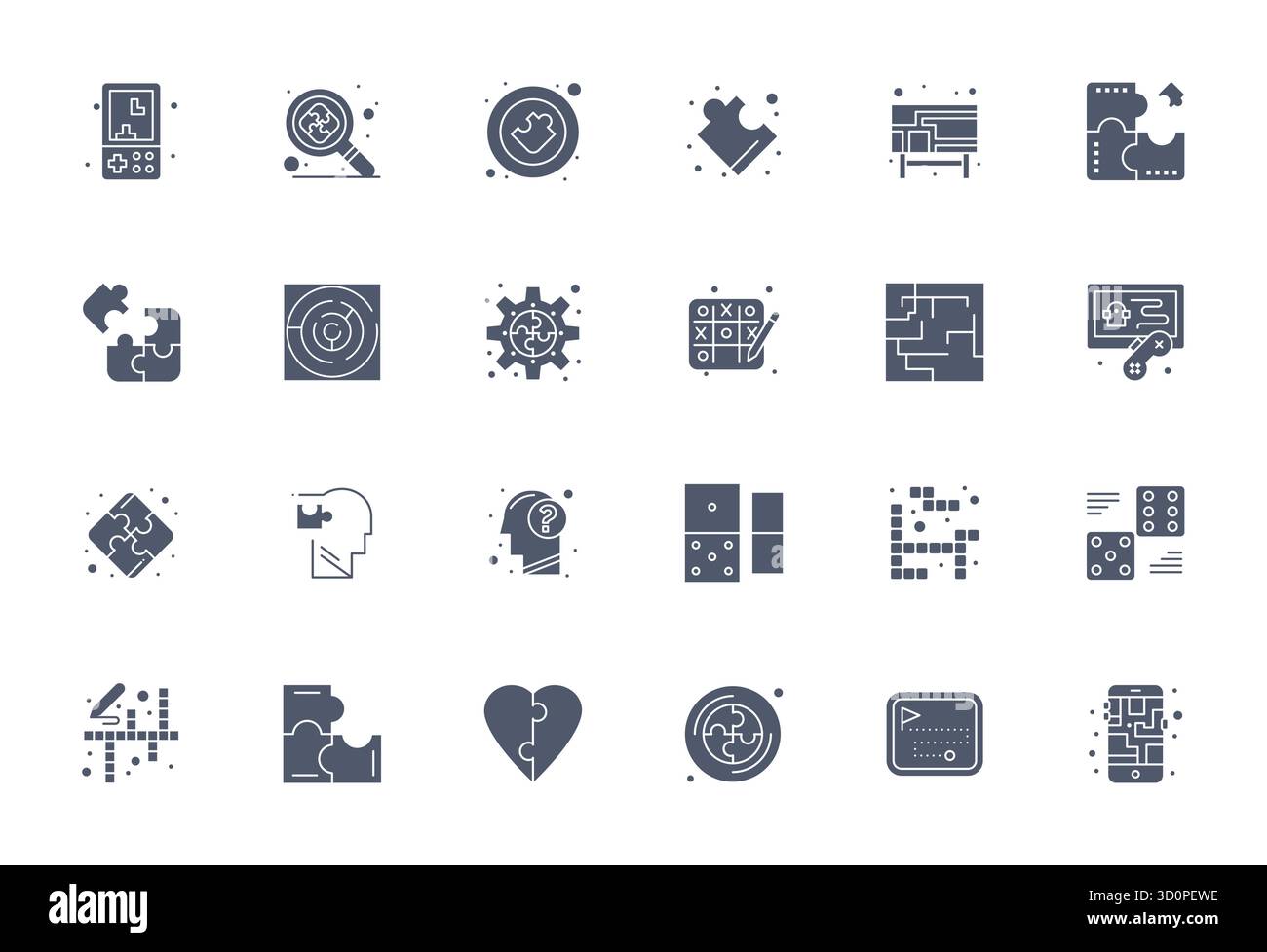 Scopri un set di 24 icone vettoriali piene create per il tema Puzzle, con display 64 x 64 design perfetti, ideali per i moderni progetti UI/UX. Illustrazione Vettoriale